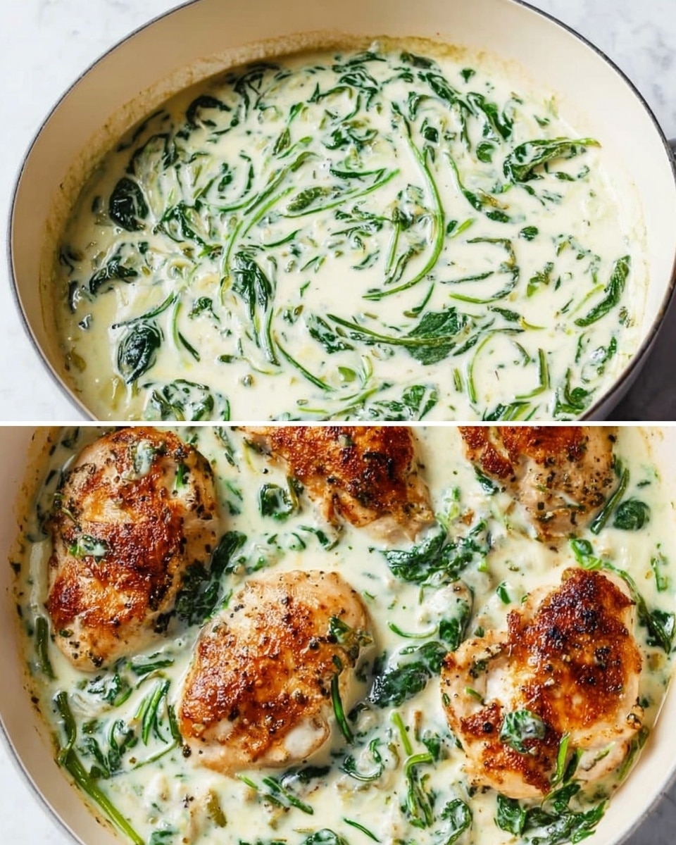 The image shows a close view of a white pan on a white marbled surface with a creamy white sauce filled with bright green spinach leaves swirling through it in the left frame. The right frame has four browned chicken pieces partially covered with the same creamy white sauce and scattered spinach leaves, showing a mix of golden brown, white, and green colors. The sauce looks smooth and slightly thick, surrounding the chicken, which has a crisp texture and browned edges. Photo taken with an iphone --ar 4:5 --v 7