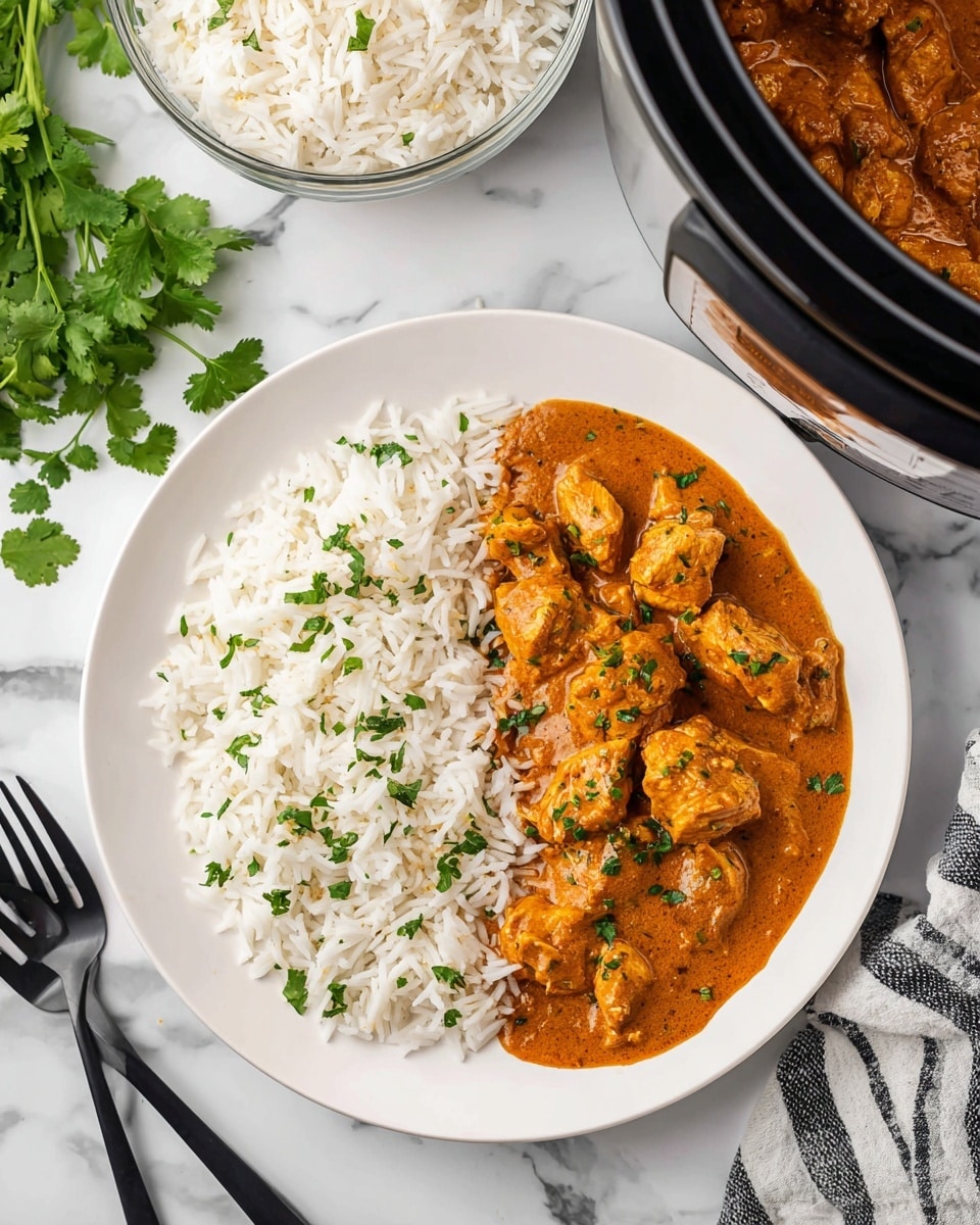 A white plate holds a meal divided into two main layers: on the left side, a neat mound of fluffy, white jasmine rice with long grains; on the right side, pieces of chicken covered in a thick, orange-brown sauce with a smooth texture. The chicken pieces are scattered lightly with small green cilantro leaves. Around the plate, there is a white marbled surface with a black and white striped cloth and two black forks visible at the bottom left. To the top right, there is a glass bowl filled with more white jasmine rice, and the top left corner shows part of a black slow cooker containing more sauced chicken. Some fresh cilantro leaves are on the bottom right corner of the surface. Photo taken with an iphone --ar 4:5 --v 7