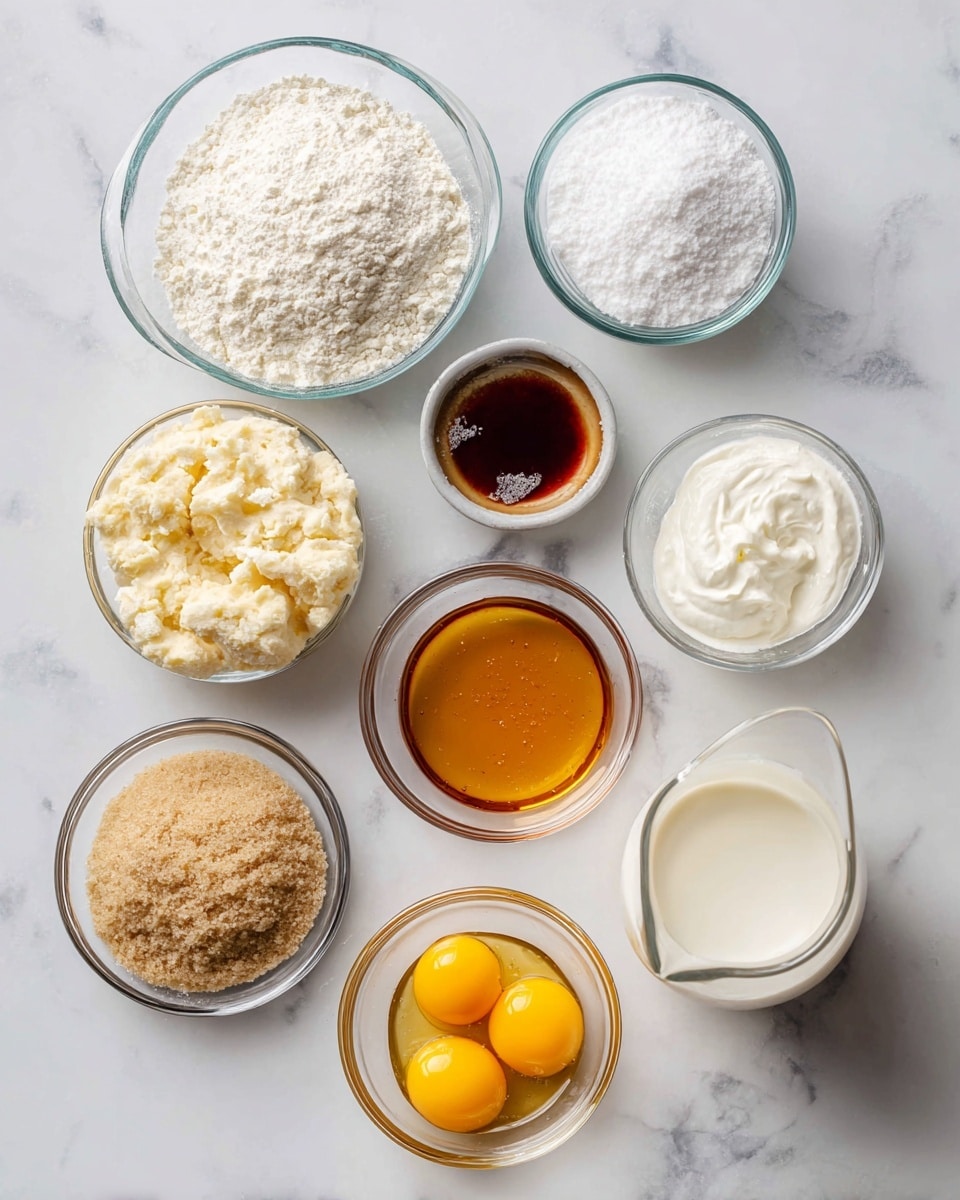 A flat, round pie crust dough lies in the center on a white marbled surface, looking soft and slightly dusted with flour. Surrounding it are eight clear glass dishes, each holding a different ingredient: to the top left, a bowl of white cornstarch powder; next to it, a very small bowl with white salt; below that, a small bowl with vanilla extract in dark brown; above the crust and a little to the right, a medium bowl with clear golden honey showing its smooth texture. To the right of the honey, a larger bowl holds light brown sugar with a crumbly texture. Below the honey, a small clear bowl contains three bright yellow egg yolks resting side by side in clear liquid. To the far right, a glass jug filled with white heavy whipping cream completes the circle, all placed on the white marbled surface. Photo taken with an iphone --ar 4:5 --v 7