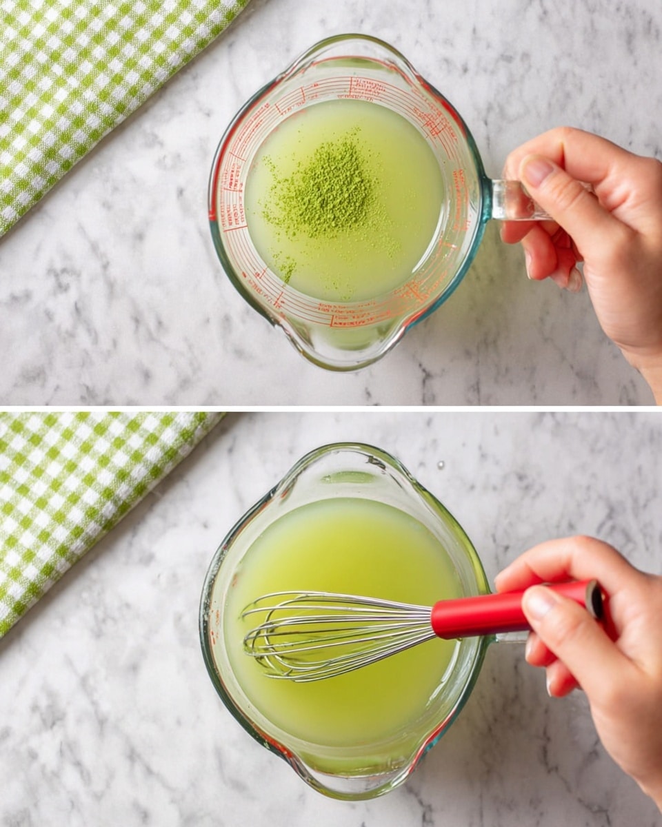 The image shows two side-by-side photos on a white marbled surface with a green and white checkered cloth in the top left corner. Both photos focus on a clear glass measuring cup filled with light green liquid. A small amount of green powder is sprinkled on top of the liquid in the left photo. The right photo shows a woman's hand holding a red-handled whisk stirring the same green liquid inside the measuring cup, while another woman's hand holds the cup steady by the handle. Photo taken with an iphone --ar 4:5 --v 7