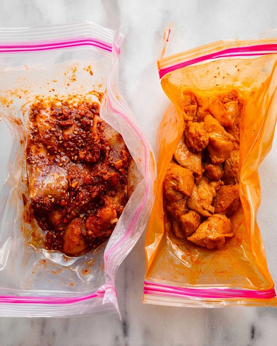 Two clear plastic zip-lock bags sit open on a white marbled surface, each filled with raw chicken pieces and thick sauces. The left bag contains chicken with a dark red, textured sauce that has visible chili flakes and spices covering the meat. The right bag shows chicken coated in a smoother, bright orange sauce, suggesting a rich marinade fully covering the pieces. Both bags have a pink sealing strip, and the scene shows the bags from above against the white marbled background. photo taken with an iphone --ar 4:5 --v 7