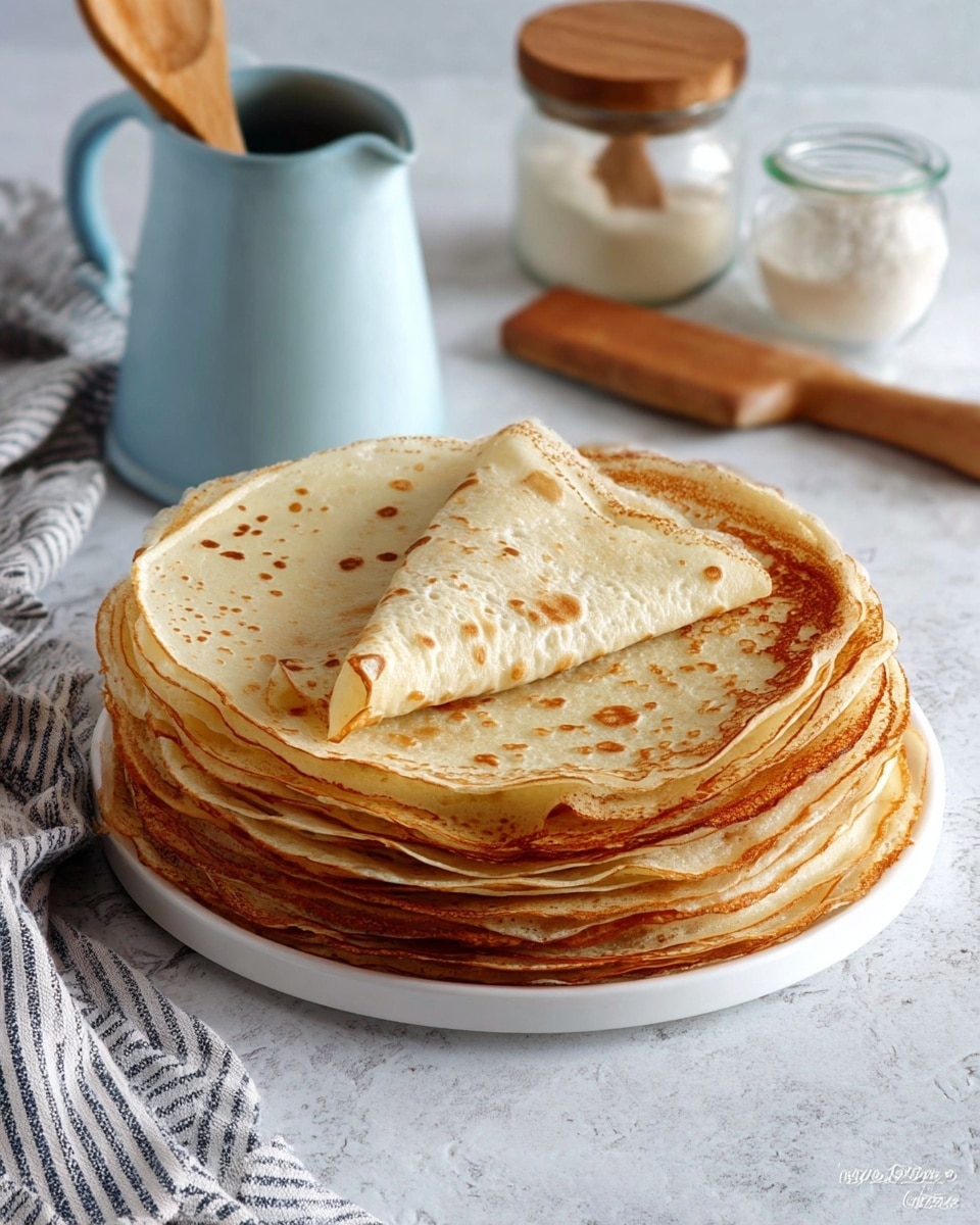 A tall stack of thin crepes sits on a white plate over a white marbled surface, with about twenty golden-brown crepes layered one on top of another. The edges of the crepes are slightly darker, showing a golden crisp texture, while the centers are lighter and soft with small brown spots. Two crepes on top are folded back to reveal their thin, smooth texture and slightly uneven color. In the background, there is a light blue ceramic jug and a small glass jar with a wooden lid, next to a wooden spatula and a striped cloth. Photo taken with an iphone --ar 4:5 --v 7