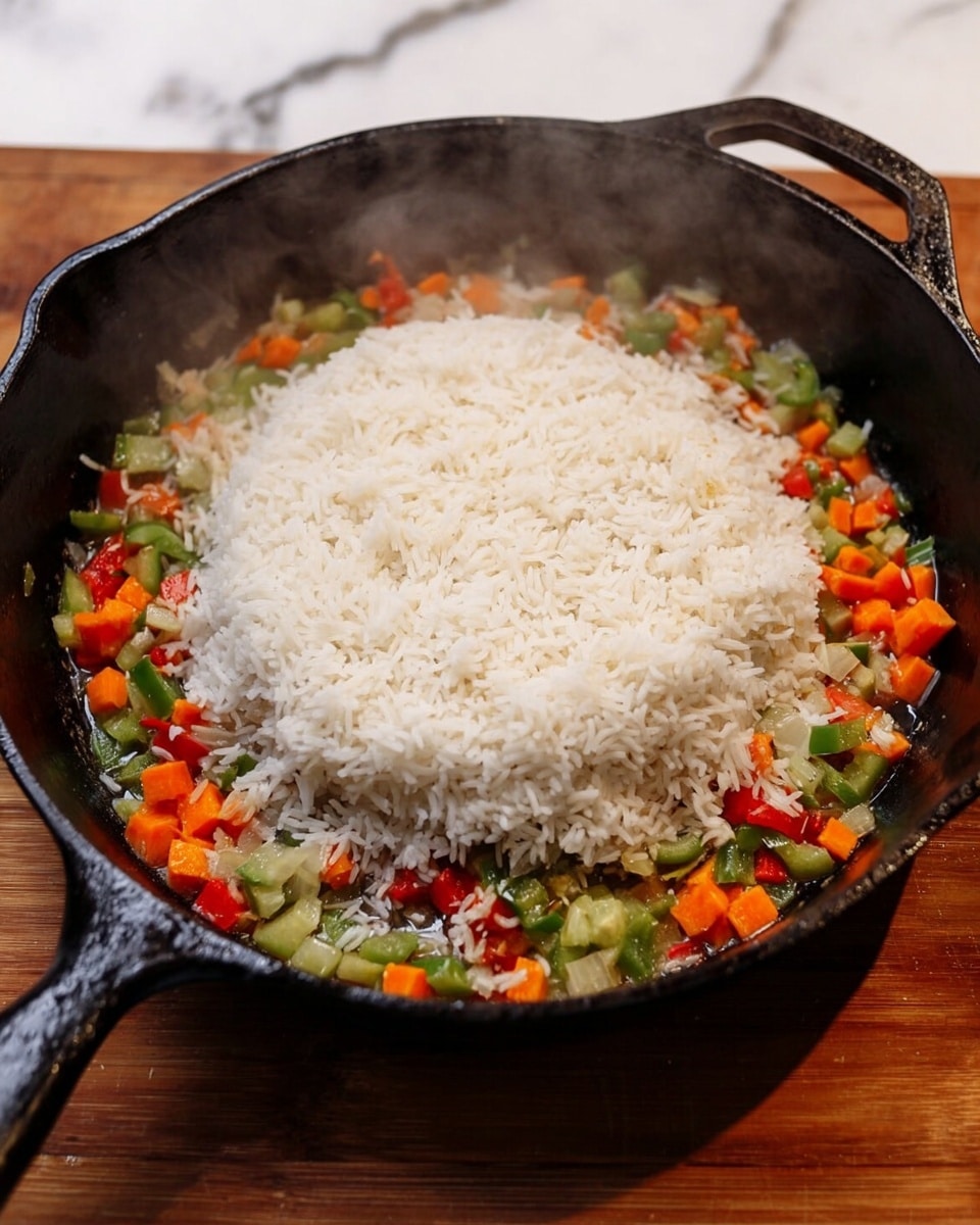 A black cast iron pan holds a mix showing two main layers: the bottom layer is a colorful mix of diced orange carrots, green bell peppers, and small pieces of red vegetables all scattered evenly around the pan's edge, creating a ring shape, while the center is filled with a mound of plain white rice that sits higher than the vegetables, creating a clear middle focus. The pan is on a wooden surface but the background outside the pan is replaced with a white marbled texture. Steam rises slightly from the pan, adding a fresh cooking feel photo taken with an iphone --ar 4:5 --v 7