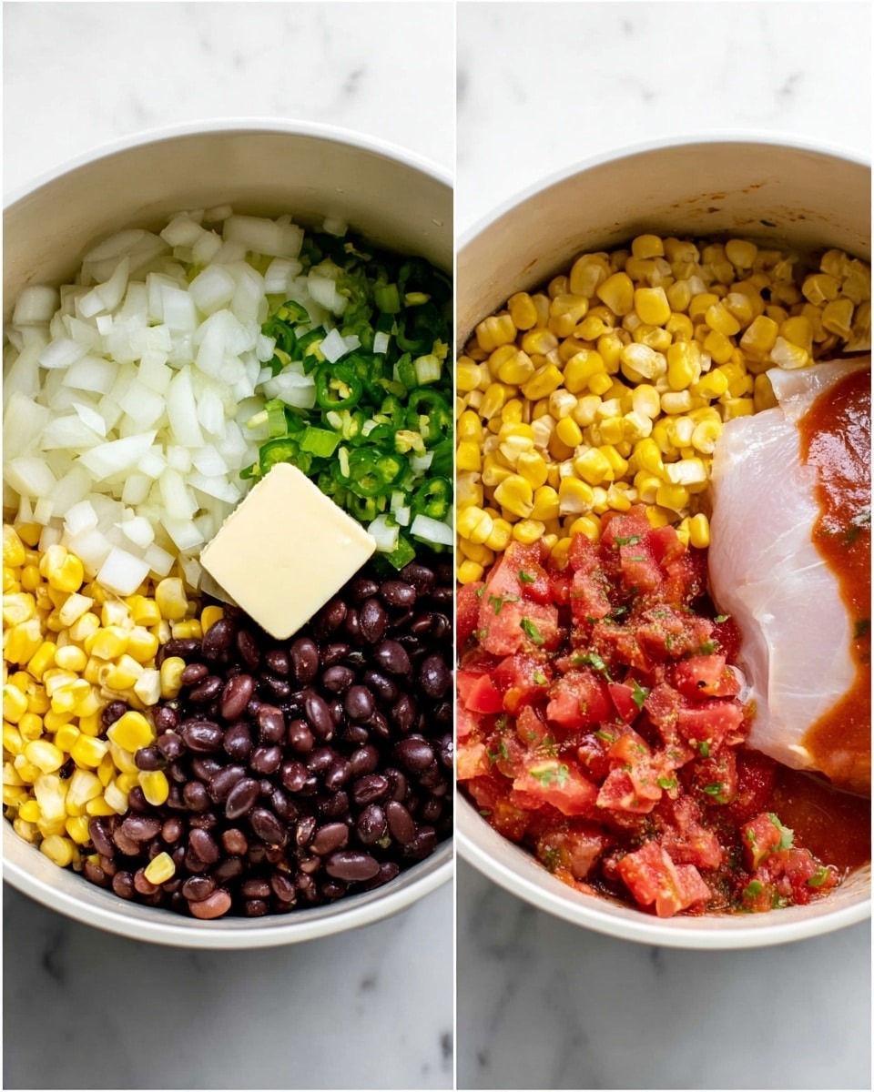 The image shows two white round pots on a white marbled surface side by side. The left pot contains a mix of chopped white onions and small green chili pieces evenly spread, with a square piece of butter placed in the center. The right pot is divided into four sections: the top left shows shiny black beans, the bottom left shows bright yellow corn kernels, the bottom right contains chunky red diced tomatoes with bits of green seasoning, and the top right has a light pink raw chicken piece partially covered with red sauce at the bottom. photo taken with an iphone --ar 4:5 --v 7