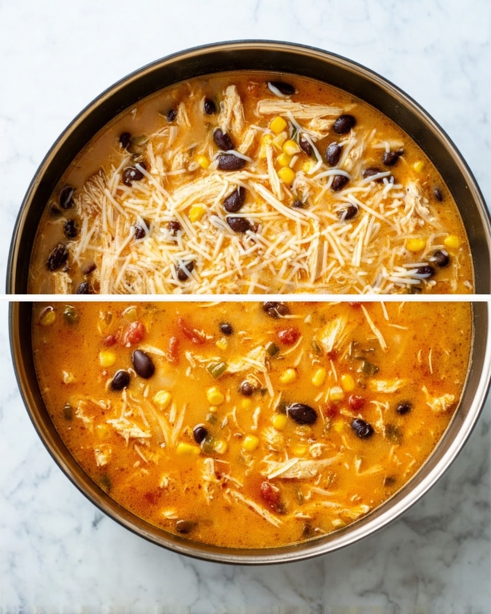 A round pot filled with a thick soup showing layers and a mix of colors. The base is a rich orange creamy broth scattered with shredded white and yellow cheese on top, melting slightly into the soup. Within the broth, there are visible chunks of shredded light brown chicken, black beans, and yellow corn kernels spread evenly. Small pieces of red tomatoes and bits of green peppers add texture and color contrast throughout the soup. The pot sits on a white marbled surface, emphasizing the vibrant colors of the soup photo taken with an iphone --ar 4:5 --v 7