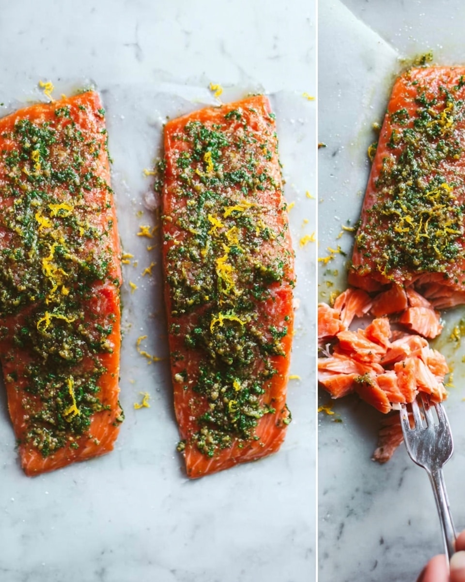 The image shows three salmon fillets laid flat on a white marbled surface. Each fillet is topped evenly with a green herb mix and sprinkled with small pieces of yellow zest, creating a contrast against the rich orange-pink color of the salmon. On the right side, one fillet is being gently separated into chunks with a fork held by a woman's hand, revealing the tender, flaky texture inside. The lighting captures the fresh and vibrant colors of the dish. photo taken with an iphone --ar 4:5 --v 7