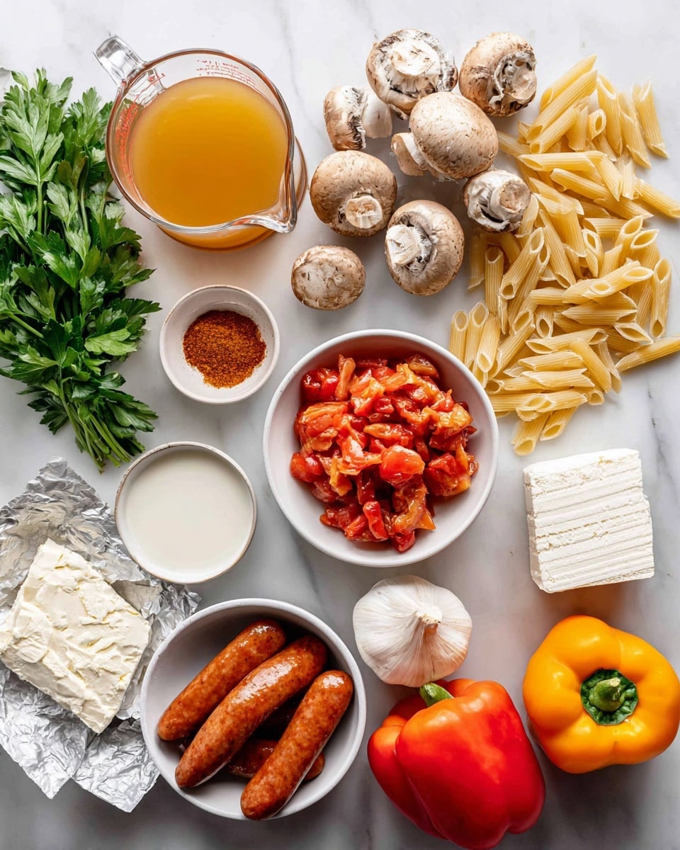 The image shows a white marbled surface with various ingredients neatly arranged and labeled around the frame. At the top left, there's a clear glass measuring cup filled with golden chicken broth next to a bunch of fresh green parsley. To the right, scattered light tan gluten-free penne pasta pieces are near the top right corner. Below the broth and parsley are several light brown mushrooms with textured tops. Near the center, a small white bowl holds reddish-orange Cajun seasoning powder, and close by is a white bowl containing fire-roasted diced tomatoes with a chunky texture. To the right, four reddish-brown andouille sausages are placed side by side on crinkled white paper. Towards the bottom left, white cream cheese blocks rest partially unwrapped on silver foil, and adjacent to that is a white garlic bulb with papery skin. On the bottom right, there are three colorful bell peppers – one bright red and two orange – with shiny smooth skin. The whole scene is lit brightly and the ingredients are well spaced out. Photo taken with an iphone --ar 4:5 --v 7