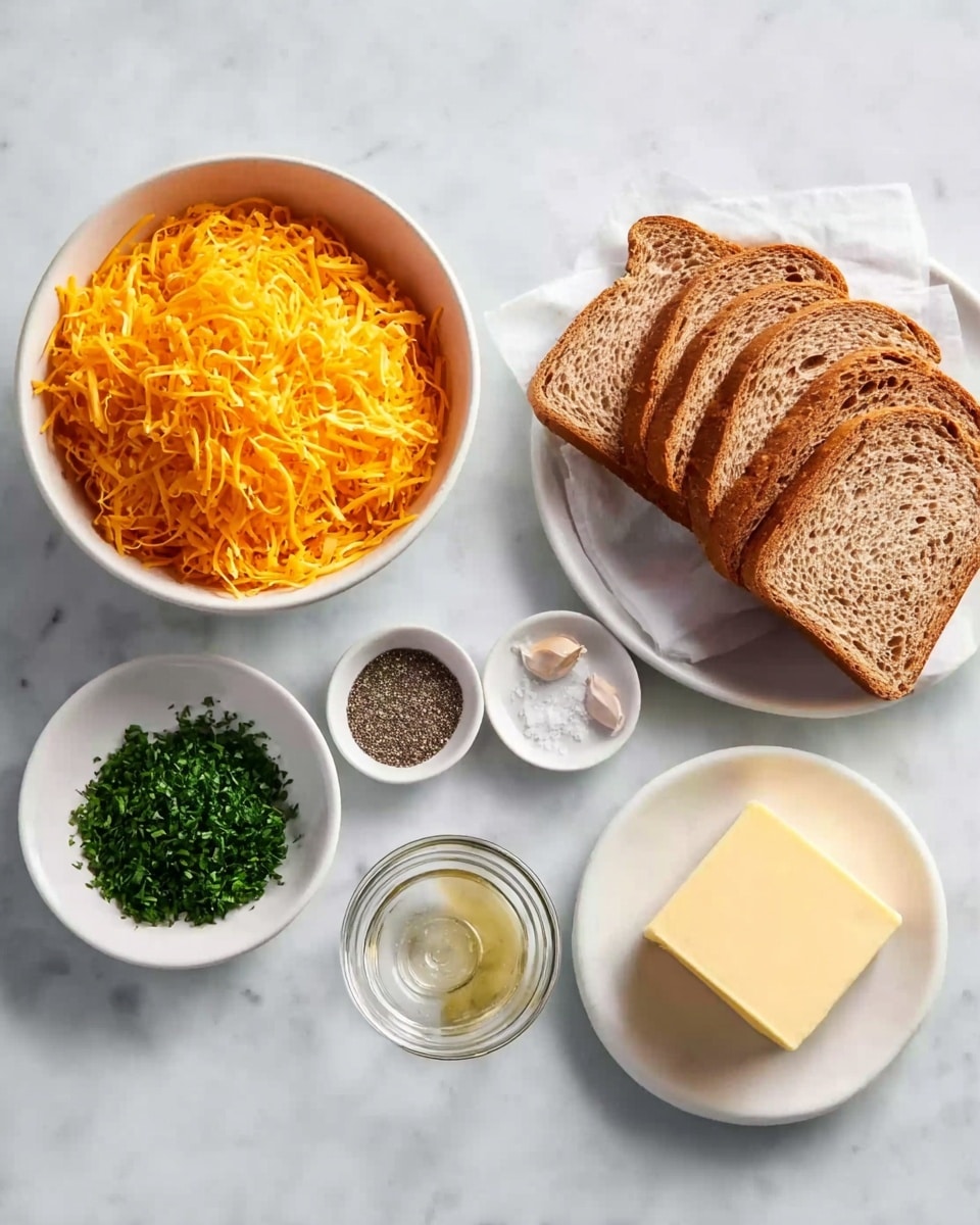 The image shows several white bowls and a white plate arranged on a white marbled surface. The largest bowl, on the left, is filled with bright orange shredded cheddar cheese. To its right, there are two small white bowls holding black pepper and coarse salt. Below, there is a bowl with finely chopped green herbs and a smaller bowl with minced garlic. In the center, a clear glass bowl holds a square piece of yellow butter. A white plate on the right contains five slices of brown bread standing against each other. Photo taken with an iphone --ar 4:5 --v 7
