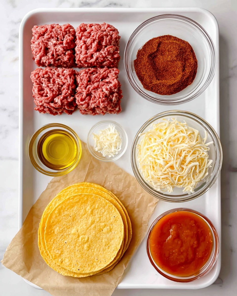 A white tray holds raw ground beef in neat rows, showing its pinkish-red color and soft texture. Next to it is a clear glass bowl filled with reddish-brown taco seasoning, finely ground. Below this bowl is another clear glass bowl filled with shredded cheese, light yellow and stringy. On the bottom left, a stack of yellow corn tortillas rests on a piece of light brown parchment paper. Beside the tortillas is a small clear glass bowl with golden olive oil, smooth and shiny. At the bottom right, a larger clear glass bowl contains reddish-orange enchilada sauce with a smooth, slightly thick texture. All items are placed on a white marbled surface. photo taken with an iphone --ar 4:5 --v 7