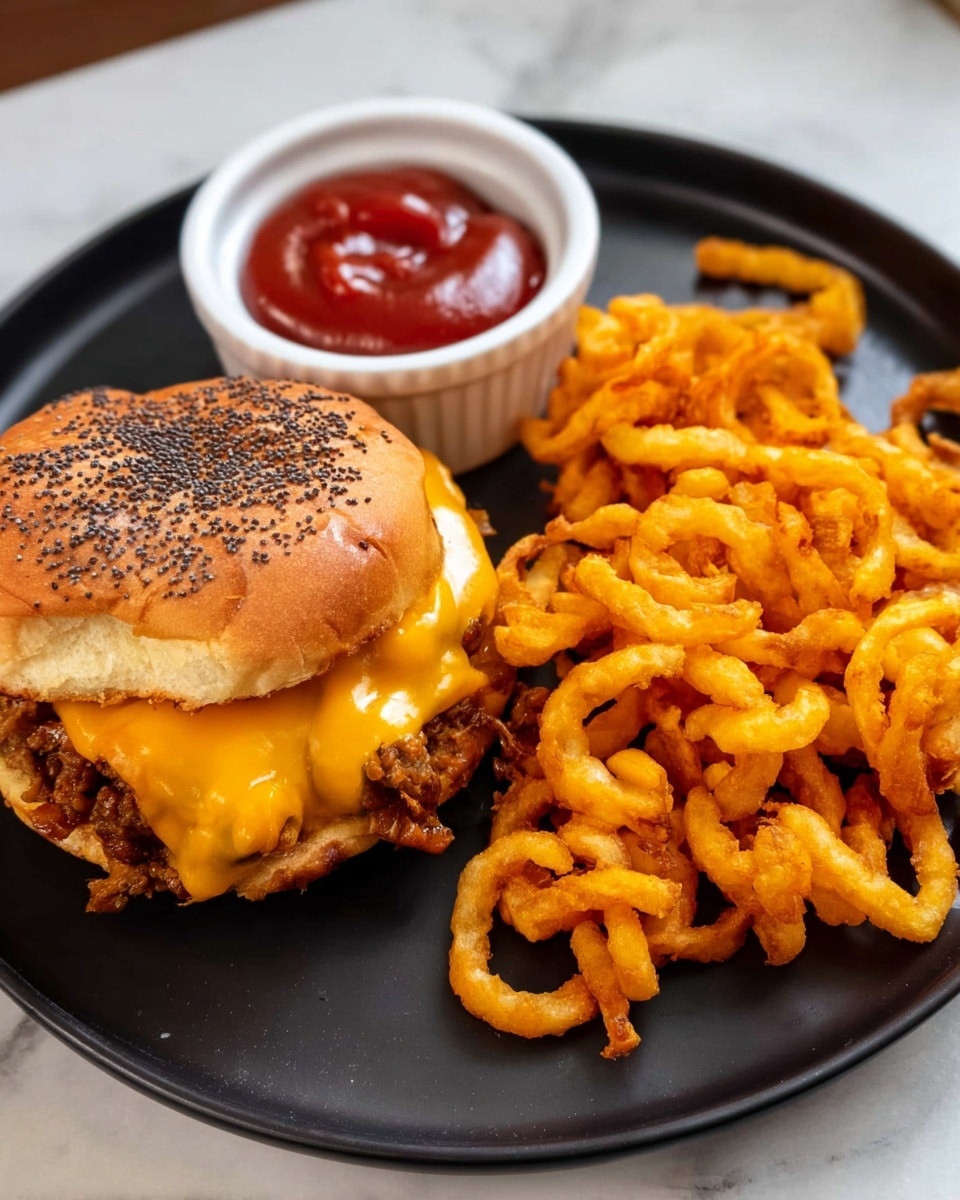 A black round plate sits on a white marbled surface with a sandwich and curly fries. The sandwich has a golden brown poppy seed bun on top, a layer of melted bright orange cheese, and a visible layer of cooked ground meat beneath the cheese. To the side of the sandwich, a pile of golden-orange crispy curly fries is placed. A small white ramekin filled with smooth, thick red ketchup is positioned near the fries. The photo shows all items clearly with natural lighting, photo taken with an iphone --ar 4:5 --v 7