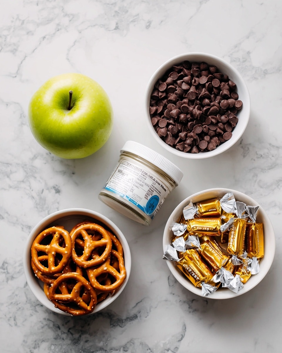 The image shows a white marbled surface with four white bowls and one green apple arranged around a jar of coconut oil. The top right bowl is filled with small dark brown chocolate chips, showing a smooth, slightly shiny texture. The bottom right bowl contains individually wrapped caramel sweets in shiny golden wrappers with white ends. The bottom left bowl holds golden-brown pretzels with a crunchy texture and twisted shape. In the center is a jar of white coconut oil with a blue and white label. To the left of the jar sits one whole green apple, smooth and bright. The setup is clean and bright, with ingredients clearly separated. Photo taken with an iphone --ar 4:5 --v 7