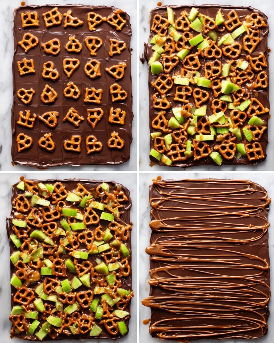 The image shows a four-step process of making a chocolate bark treat on a white marbled surface. In the first step, a thick, smooth layer of dark brown chocolate is spread out flat with a grid of neat golden-brown pretzels placed evenly on top in rows. The second step adds small bright green apple chunks scattered among the pretzels over the chocolate layer, creating a mix of green and golden brown on the dark background. The third step shows a drizzle of light caramel sauce flowing over the pretzels and apple pieces in thin, uneven lines, blending shiny caramel amber, green apple, and golden pretzels on the dark chocolate. The final step features another drizzle, this time a thinner, dark chocolate sauce forming fine lines over the whole treat, contrasting with the caramel, apple, and pretzels, bringing a layered and textured look to the piece. photo taken with an iphone --ar 4:5 --v 7