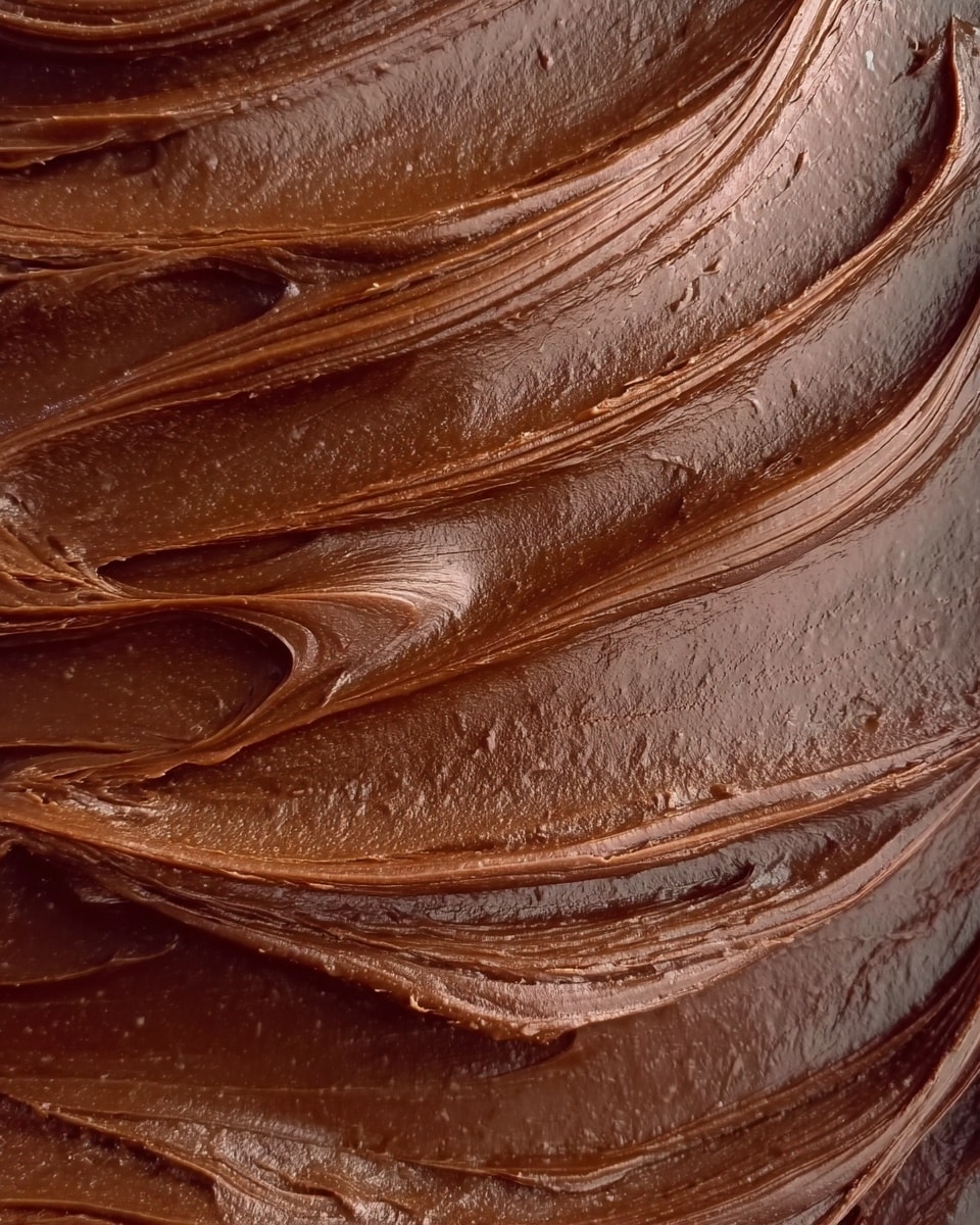 A close-up view of a thick, smooth layer of dark brown chocolate spread, showing creamy, glossy texture with visible streaks made by swirling motions. The surface has gentle waves and folds that reflect light, giving a rich and soft appearance without any plate or background visible. photo taken with an iphone --ar 4:5 --v 7