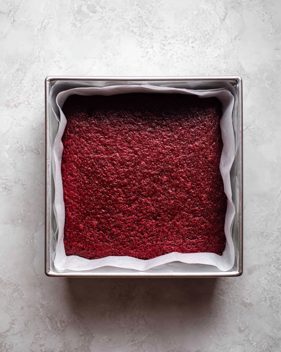 A single square layer of deep red cake with a rough texture is in a metal baking pan lined with white parchment paper that curls up slightly at the edges. The cake looks moist and evenly baked, sitting flat inside the pan, which rests on a white marbled surface photo taken with an iphone --ar 4:5 --v 7