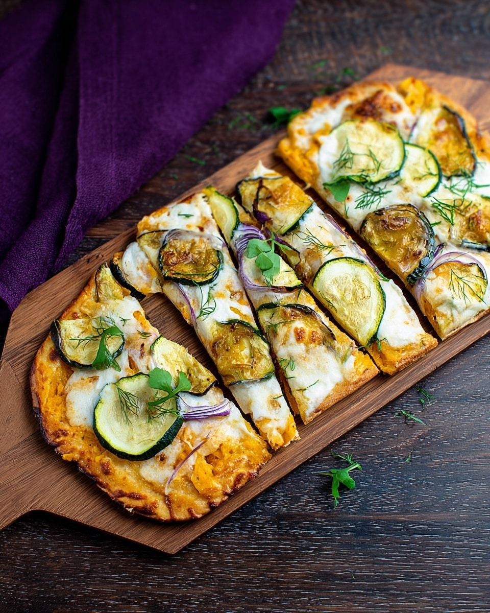 A rectangular flatbread pizza is placed on a wooden paddle, cut into four slices. The crust is golden brown and looks crispy. On top, there are layers including a light orange sauce, white melted cheese spread unevenly, thin slices of green zucchini, purple thin strips of onion, and pieces of light brown cooked eggplant. Small bright green leafy herbs are scattered over the top, adding a fresh touch. The background surface is dark wood with a purple cloth in the top left corner. Photo taken with an iphone --ar 4:5 --v 7