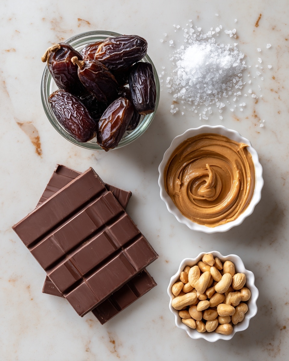 The image shows five ingredients arranged on a white marbled surface. At the top left, there is a clear glass container filled with dark brown dates still on their stems. To the right of the dates, a small pile of light coarse sea salt is scattered directly on the surface. Below the dates, there is a large bar of dark chocolate with a smooth texture and rectangular sections. To the right of the chocolate, a small white fluted bowl contains a creamy swirl of light brown peanut butter. Below the peanut butter, another small white fluted bowl holds light brown roasted peanuts. The scene is simple and clean, focusing on the ingredients with natural colors and textures. photo taken with an iphone --ar 4:5 --v 7