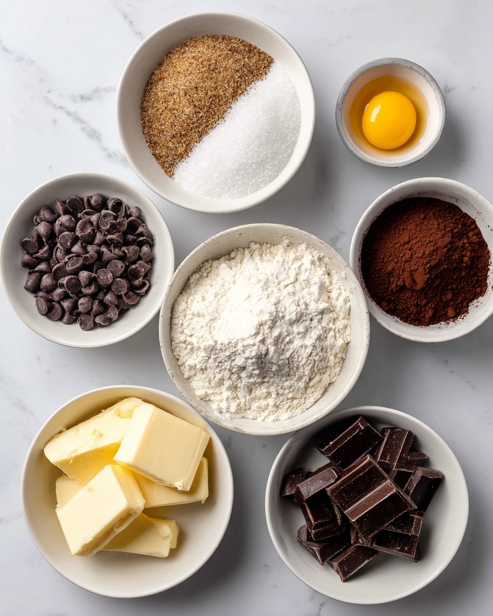 The image shows six white bowls on a white marbled surface, each with different baking ingredients. In the center is a bowl with a light powder mix of flour, baking soda, and salt. To the top left is a bowl with two types of sugar, brown sugar and granulated sugar, layered together with a grainy texture. Above that is a small bowl containing a single raw egg yolk, bright yellow in color, labeled egg and vanilla. On the right side, there is a bowl filled with dark brown cocoa powder, fine and smooth. Below it is a bowl with several small, thick slices of pale yellow butter. At the bottom left corner is a bowl with dark brown chocolate chips, appearing glossy and round. The bowls are evenly spaced and neatly arranged. Photo taken with an iphone --ar 4:5 --v 7