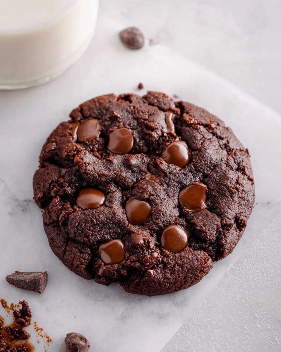 A single dark brown cookie with a rough and cracked texture is placed on a white marbled surface. The cookie is thick and round, scattered with several shiny, dark chocolate chips on top, some slightly melted or embedded deep into the dough. Around the cookie, there are smudges of melted chocolate and chunks broken off, adding a messy, fresh-baked feel. At the bottom left corner, a clear glass filled with white milk is partially visible. Photo taken with an iphone --ar 4:5 --v 7