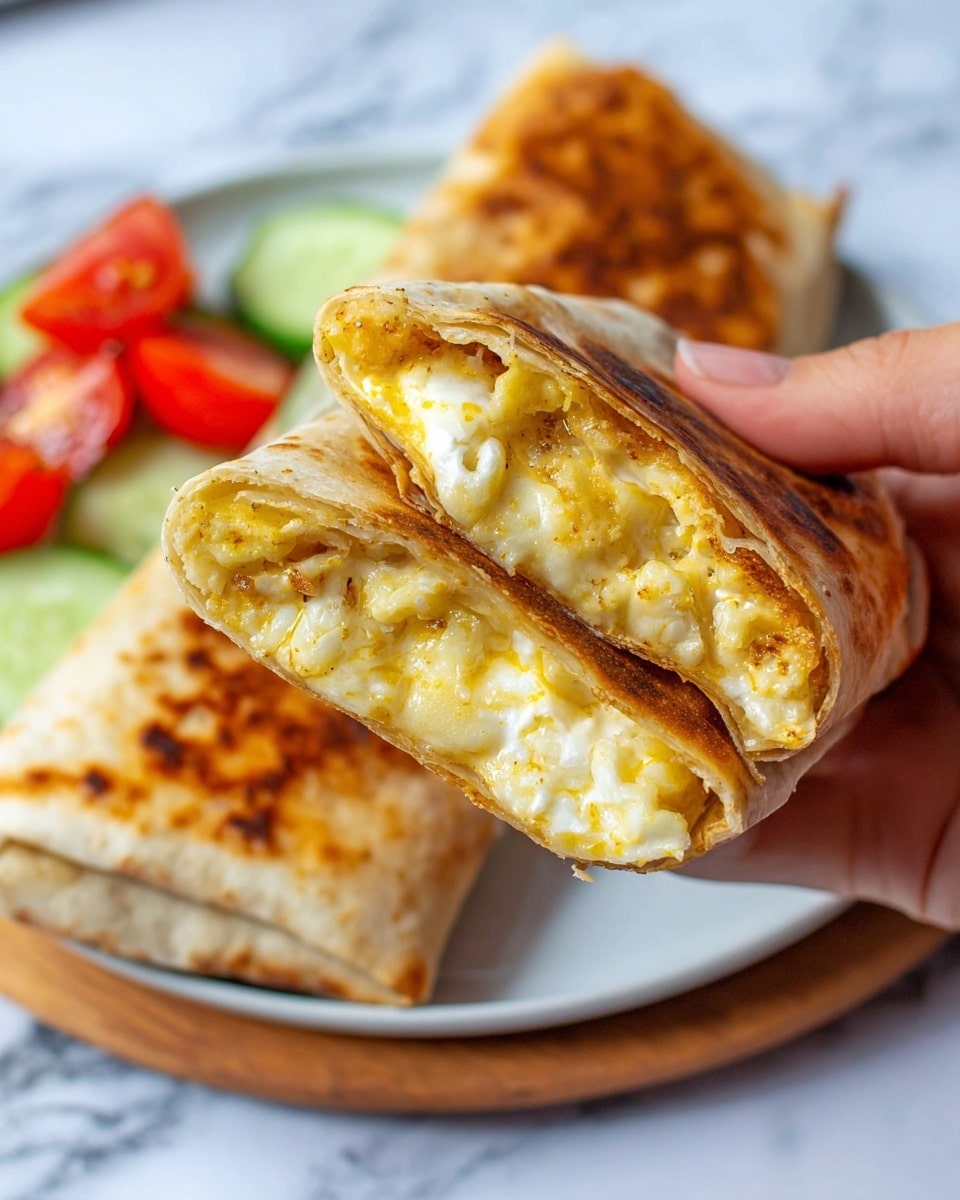 A woman's hand is holding two halves of a toasted wrap filled with melted cheese that looks soft and slightly stringy, with a mix of creamy white and bright yellow colors. The wrap is golden brown on the outside and lightly crisped. In the background, there is a white plate with more whole wraps and a side of fresh salad with red tomato pieces and green cucumber slices, placed on a white marbled surface. The focus is on the open wrap showing the cheese inside, with a close-up view highlighting the textures of the melted filling and crispy outside. Photo taken with an iphone --ar 4:5 --v 7