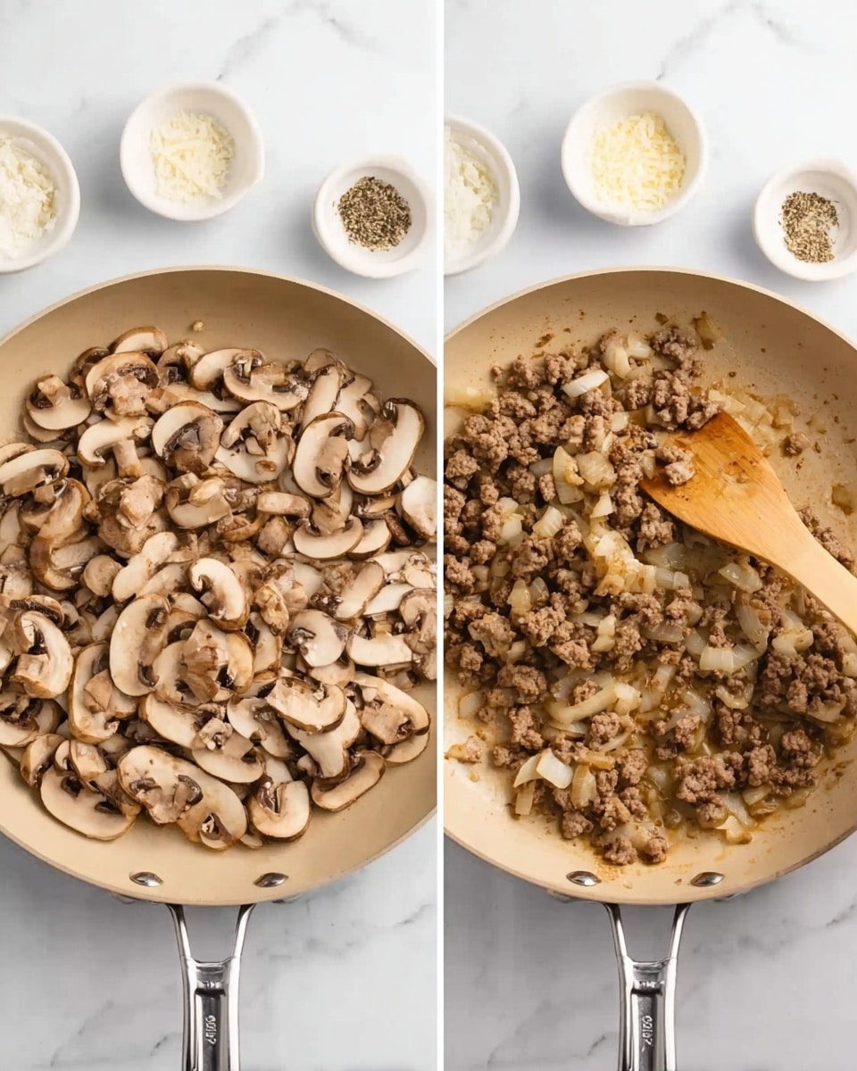 The image shows two side-by-side views of a frying pan on a white marbled surface. The left side features the pan filled with sliced brown mushrooms, evenly spread out, showing their soft, slightly curved texture and light brown color. In the background, there are three small white bowls with light-colored grated cheese and seasonings, slightly out of focus. The right side shows the pan with a mix of cooked mushrooms and browned ground meat, small and crumbly, mixed together with some light-colored chopped onions, all stirring with a wooden spatula held by a woman's hand. Both images capture the textures clearly with soft lighting. Photo taken with an iphone --ar 4:5 --v 7