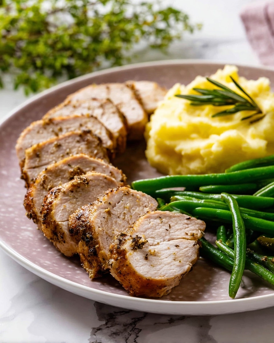 The image shows a white plate with three main parts: seven slices of cooked meat arranged in a neat row on the left side, the meat is golden brown on the outside and light inside with a slightly seasoning crust; a scoop of mashed yellow potatoes with a soft, creamy texture positioned in the upper right section; and a pile of green beans with a fresh and shiny look placed in the lower right section, some beans overlap slightly with the mashed potatoes. A small sprig of fresh green rosemary rests on top of the mashed potatoes. The plate is set on a white marbled surface with blurry greenery visible in the background. Photo taken with an iphone --ar 4:5 --v 7