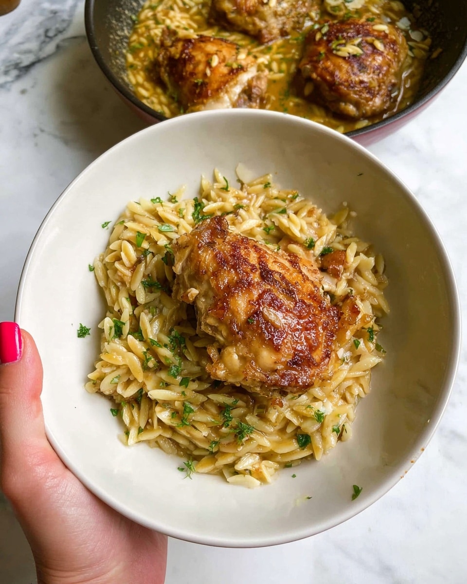 The image shows a white shallow bowl filled with a single golden brown cooked chicken piece placed on top of a bed of orzo pasta mixed in a light sauce with small green herb bits scattered throughout. The orzo pasta is yellowish-beige and looks soft with a slightly glossy texture. A woman's hand with red-painted nails is holding the bowl from the bottom left corner. In the background, there is a black skillet with two more browned chicken pieces sitting in a similar orzo sauce. The whole scene is set on a white marbled surface. photo taken with an iphone --ar 4:5 --v 7