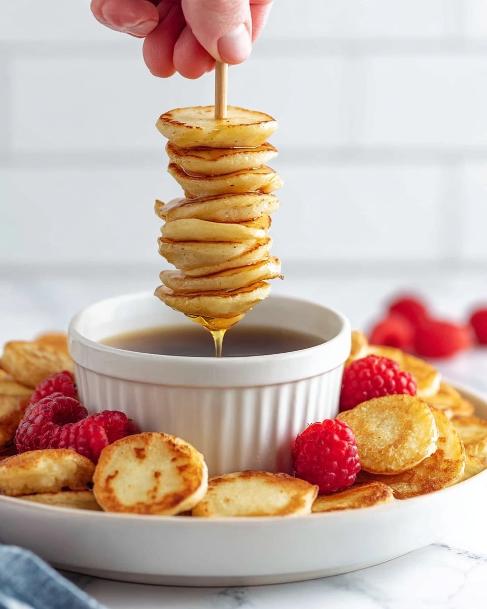 A close-up of a woman's hand holding a wooden skewer with many small, golden brown mini pancakes stacked closely together, dripping syrup over a white bowl filled with dark maple syrup in the center of a white plate. The plate also has a scattered layer of more small, round mini pancakes with a golden-brown surface, mixed with bright red raspberries. The background shows white tiles and a soft, white marbled surface beneath the plate. Photo taken with an iphone --ar 4:5 --v 7