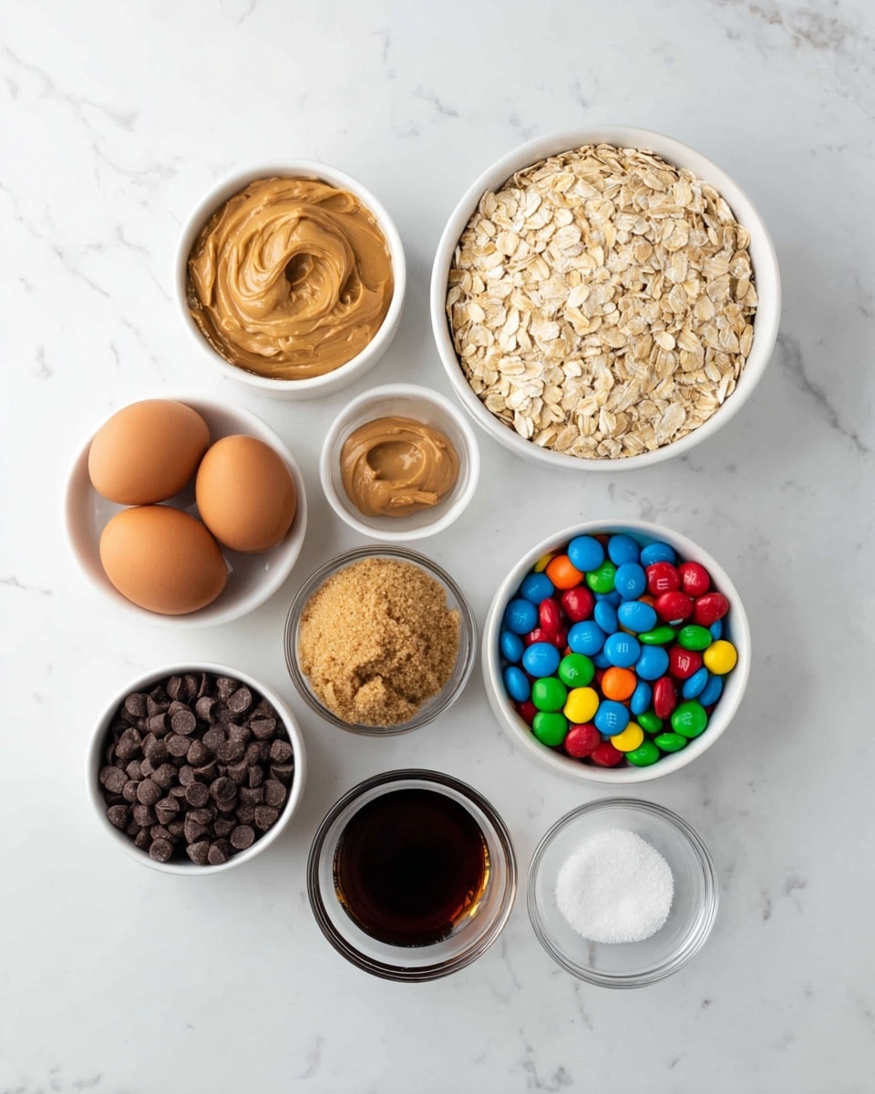 The image shows eight bowls and two eggs arranged on a white marbled surface. In the center is a white bowl filled with dry, light beige oats. Above it is a white bowl with a smooth, creamy layer of peanut butter in light brown. To the right is another white bowl full of small colorful candy-coated chocolates in red, blue, green, yellow, orange, and brown. Below the colorful bowl is a small clear glass bowl with dark brown vanilla extract. Below this is a white bowl holding a packed light tan round of brown sugar. To the bottom left of the oats, there is a white bowl filled with small dark brown chocolate chips. Above this, two brown eggs are placed close to one another. Next to the eggs are two small clear glass bowls, one with fine white salt next to the eggs and one with white baking soda or powder near the peanut butter. The items are evenly spaced with a clean and simple look. photo taken with an iphone --ar 4:5 --v 7