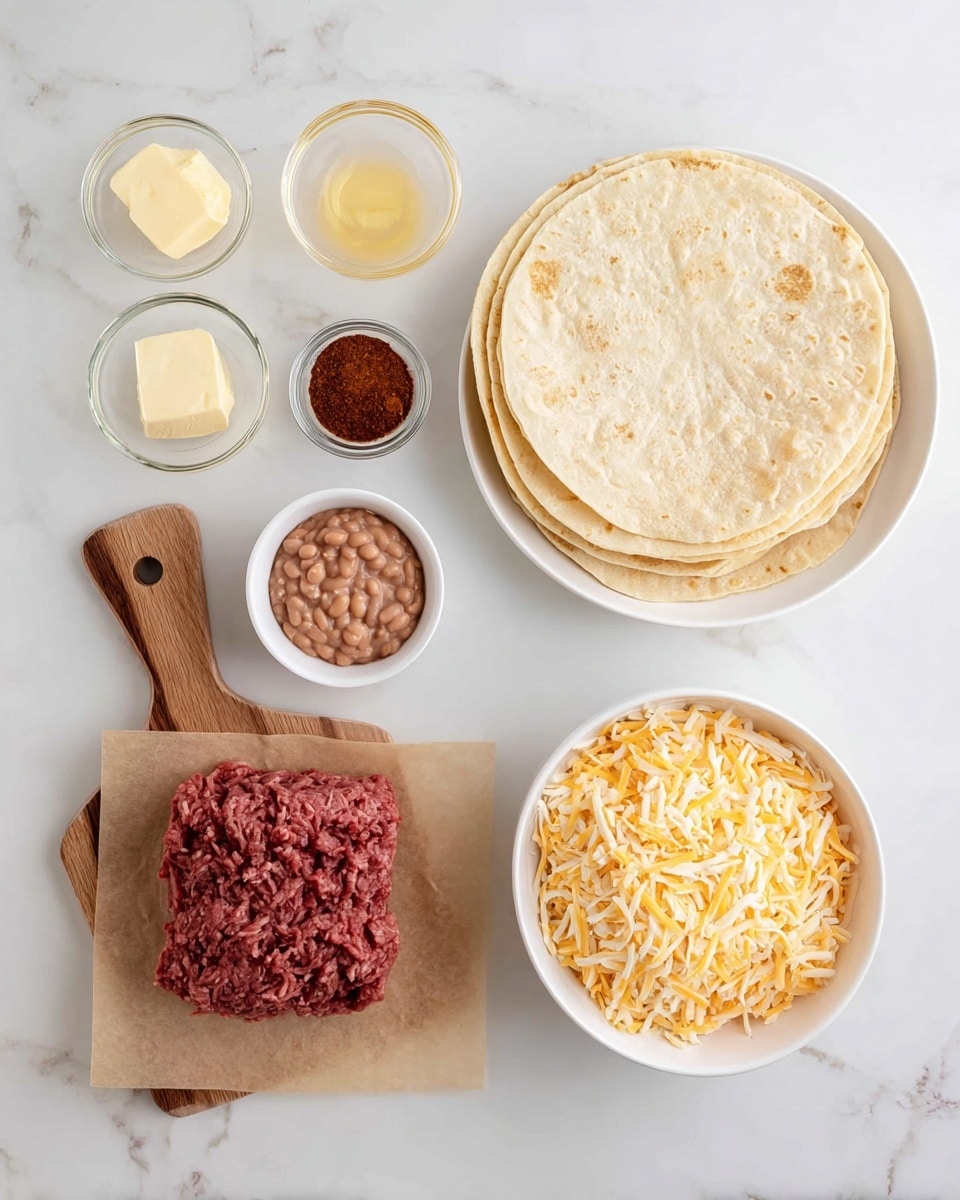 The image shows six main ingredients arranged neatly on a white marbled surface. On the top right, there is a white bowl filled with a stack of pale yellow, round tortillas with a soft texture. To its left, two small clear glass bowls contain light yellow butter and dark reddish-brown chili powder. Below the tortillas, two white bowls hold a light brown refried beans mixture and a pile of shredded yellow and white cheese. On the left side, a small wooden board holds a block of raw ground beef with a deep red color and a curly, soft texture, placed on a piece of brown parchment paper. The layout is clean and simple. photo taken with an iphone --ar 4:5 --v 7
