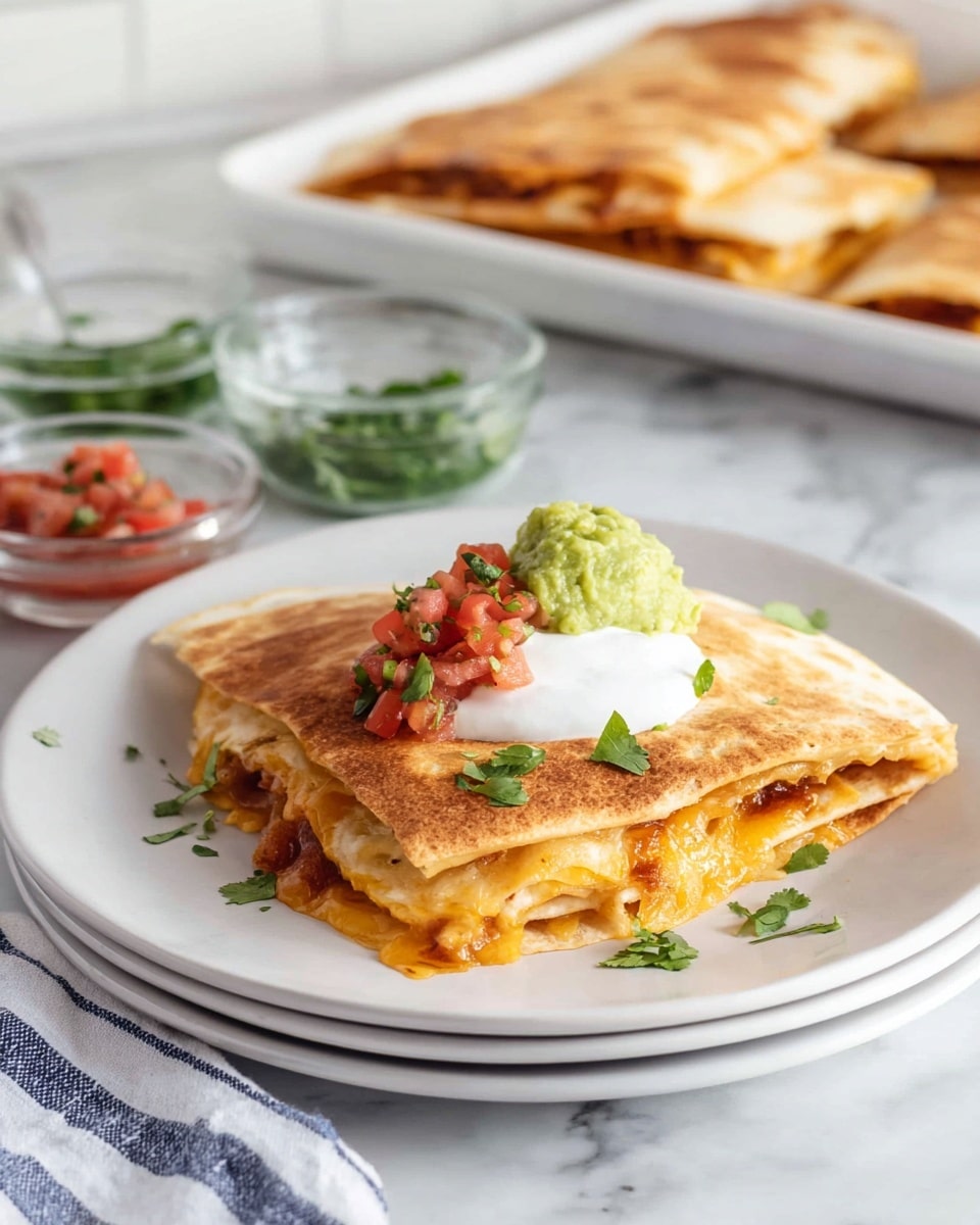 A folded golden-brown quesadilla with a slightly crispy texture sits on a white plate. It has two visible layers: the exterior tortilla with a light toasted color and a gooey melted cheese filling mixed with small pieces of another ingredient inside. On top, there is a smooth white cream dollop, a small green guacamole scoop, and a sprinkle of diced red salsa and chopped fresh green cilantro. The plate rests on a few stacked white plates over a white marbled surface. In the blurred background, a tray with more quesadillas and small glass bowls holding green herbs and red salsa are visible, with a white cloth with blue stripes nearby. photo taken with an iphone --ar 4:5 --v 7