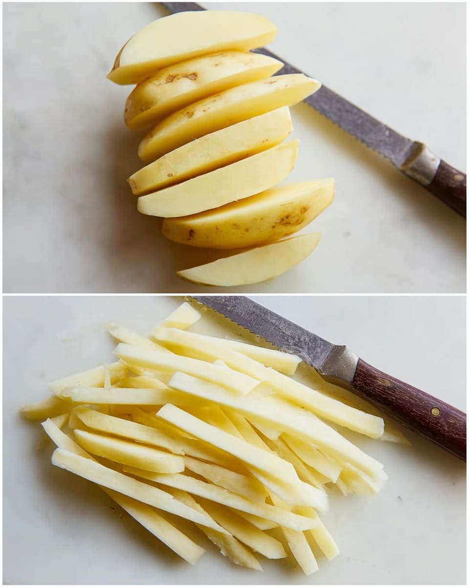 The image shows two parts on a white marbled surface. The top part has five peeled potato slices stacked slightly leaning on each other, pale yellow in color with smooth texture and a serrated knife with a dark wooden handle placed below them. The bottom part displays many pale yellow thin potato sticks, all cut evenly into long strips, lying in a loose pile with the same serrated knife placed at the bottom right beside the pile. photo taken with an iphone --ar 4:5 --v 7