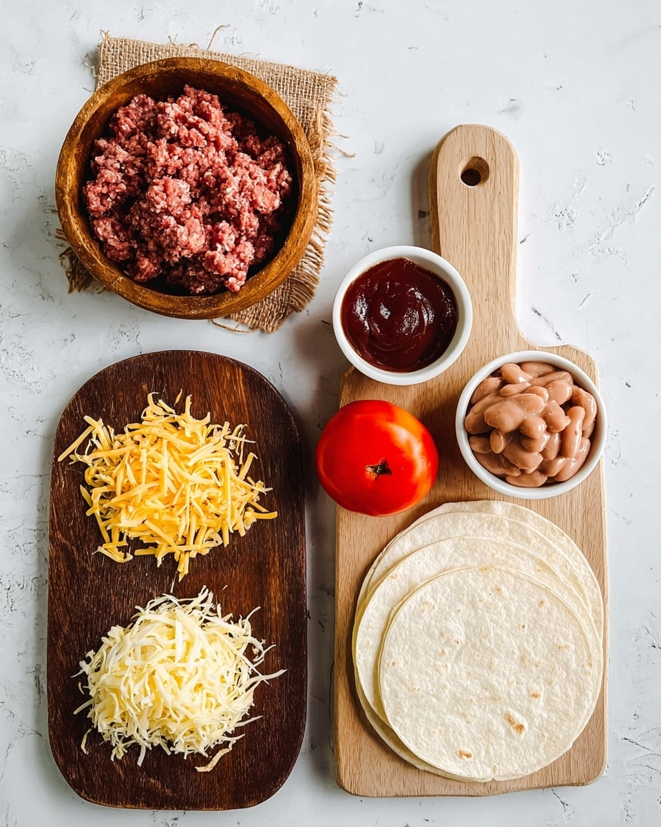 The image shows a top-down view of various ingredients arranged neatly on a white marbled surface. On the left side, a wooden bowl holds raw ground beef with a coarse texture, sitting on a small piece of burlap. Below it, a dark wooden cutting board shaped like a paddle features three piles of grated cheese in yellow and white tones, each separated but close to each other. To the right, a light wooden paddle board holds several items: two white flour tortillas stacked flat on the lower section, a whole red tomato positioned next to them, a small white bowl filled with a dark red sauce near the top, and a rustic wooden bowl containing creamy brown refried beans sitting beside the tomato. The whole setup is simple, clean, and organized, with natural textures and colors. photo taken with an iphone --ar 4:5 --v 7