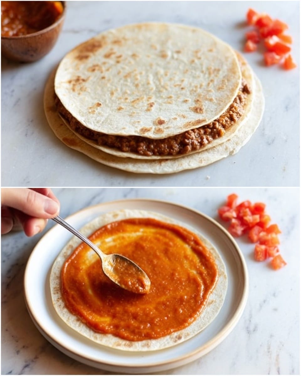The first image shows a stack with two round tortillas on a white marbled surface, with the bottom tortilla layered evenly with a brown meat filling visible between the tortillas. The second image has a white plate with a single tortilla on it, spread evenly with an orange-red sauce, while a woman's hand holds a spoon spreading the sauce in the center. Small pieces of bright red diced tomatoes are scattered casually near the bottom right corner of both images. Photo taken with an iphone --ar 4:5 --v 7