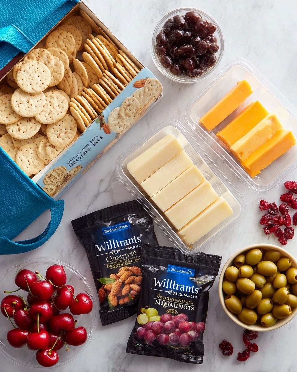 The image displays an assortment of snacks arranged on a white marbled surface with a blue Walmart reusable bag serving as a partial background. To the top left, a box of Blue Diamond Almond Nut Thins crackers features beige round crackers with a slightly speckled texture, some stacked vertically nearby. Adjacent to the box is a small clear bowl filled with dark brown olives that have a shiny surface. On the right side, three clear plastic trays hold slices of cheese with varying shades: pale yellow with specks, white, and light orange, placed side by side with the woman’s blue strap handle of the bag above them. Towards the bottom left, several bright red cherries with green stems are clustered next to two black packets of Blue Diamond Crafted Gourmet Almonds featuring garlic & rosemary flavor and pink Himalayan salt flavor. At the bottom right, there’s a clear container of small red grape tomatoes and a small white bowl filled with green olives. Near the top right corner is a small beige bowl holding dried red cranberries scattered lightly around it. Photo taken with an iphone --ar 4:5 --v 7
