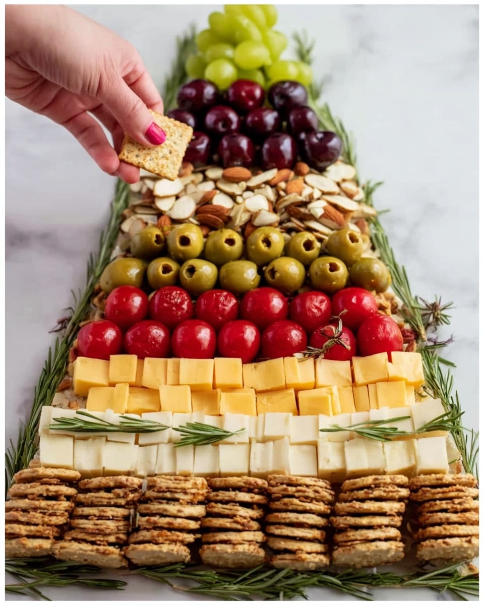 A pyramid shaped snack board with eight layers sits on a white marbled surface. The bottom layer is made of cheeses in a yellow and white pattern, square-shaped and aligned neatly. Above that is a layer of bright red grape tomatoes. The next layer has large green olives. Above the olives is a row of dark red cherries with stems. On top of the cherries is a layer of sliced white cheese cut into rectangles. Next is a row of round, light brown crackers. Above the crackers is a layer of light brown seasoned almonds. The pyramid is topped with green grapes and a few slices of pale cheese. A woman's hand is placing a cracker on the pyramid. Sprigs of green rosemary decorate the top and sides. The photo taken with an iphone --ar 4:5 --v 7