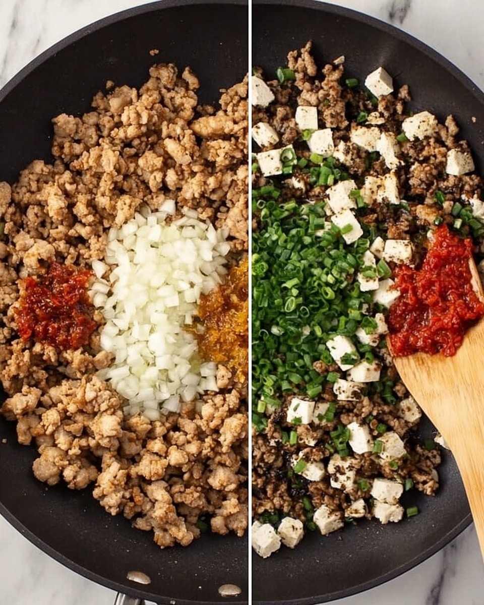 In the left image, there is a black pan filled with cooked ground meat that is mostly beige with some browned parts, topped with a small amount of chopped white onions in the center. On top of the onions are small piles of brown sauce, light yellow minced garlic, and bright red sauce, each in separate sections. In the right image, the meat has turned darker brown and is evenly mixed with chopped white tofu cubes, chopped green onions, and a pinch of white powder seasoning, spread evenly across the pan. A wooden spatula is resting on the right side, partially stirring the ingredients. The background shows a white marbled surface. Photo taken with an iphone --ar 4:5 --v 7