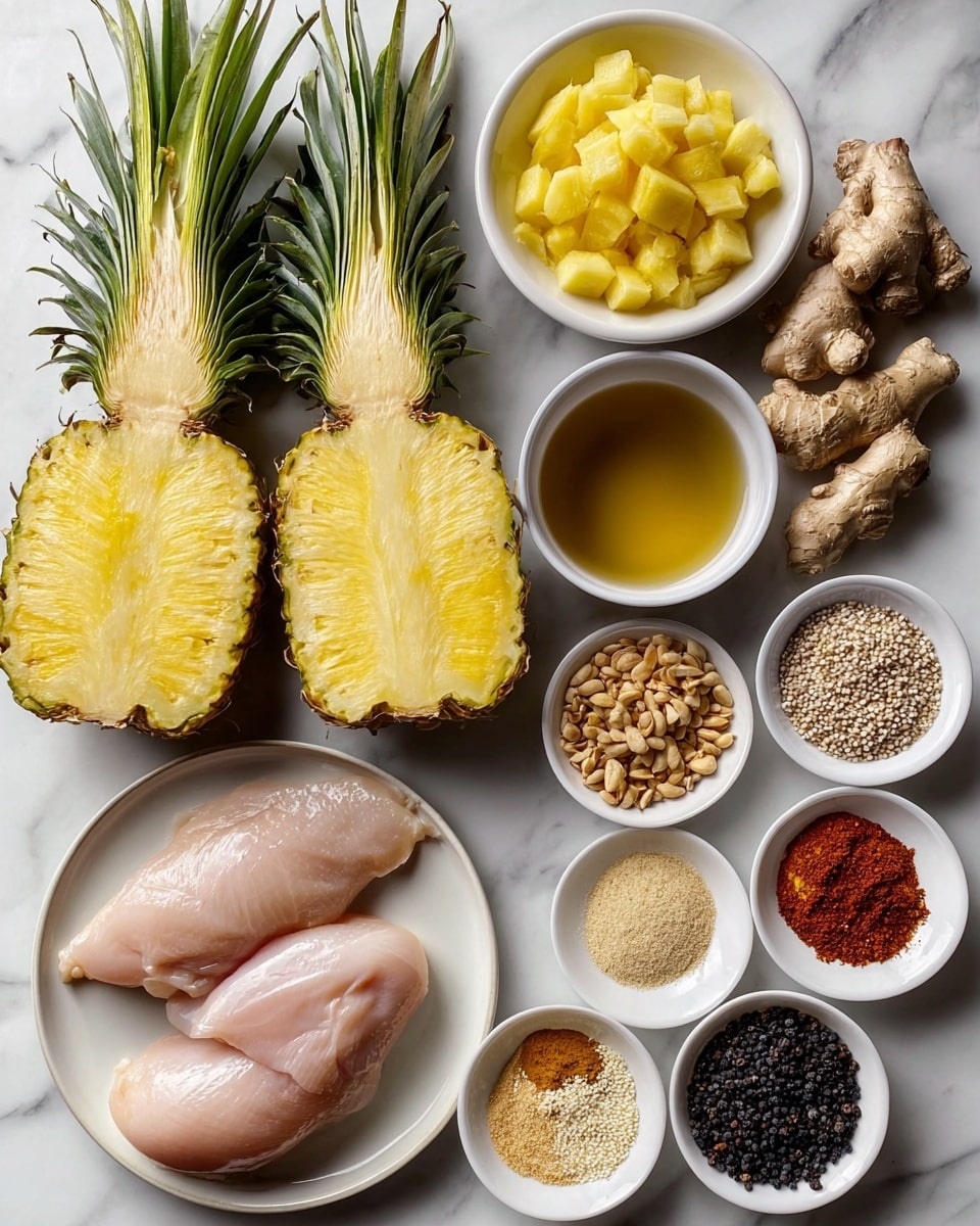 The image shows an arrangement of fresh ingredients on a white marbled surface. There are two large pineapple halves with green leaves on top, placed side by side on the left. Above them, a white bowl is filled with small yellow pineapple chunks. To the right, three pieces of fresh ginger root lay near a white bowl filled with a golden liquid and a smaller white bowl with a dark sauce. Below these, a white plate holds three raw chicken pieces with a smooth, pale pink color. Surrounding the chicken are five small white bowls containing different spices and seeds: a mix of ground spices in red and yellow, white sesame seeds, crushed peanuts, black peppercorns, and a mix of whole peppercorns. Everything is neatly placed, showing vibrant natural colors and textures photo taken with an iphone --ar 4:5 --v 7