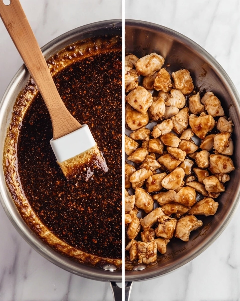 The image shows a split view of a silver pan on a white marbled surface. On the left side, the pan contains a thick, dark brown sauce with a textured, slightly sticky appearance; a wooden spatula with a white silicone tip coated in the sauce rests inside. On the right side, small, cooked pieces of light brown chicken, coated lightly with sauce, fill the same pan, and the same wooden spatula is mixing the chicken pieces. photo taken with an iphone --ar 4:5 --v 7