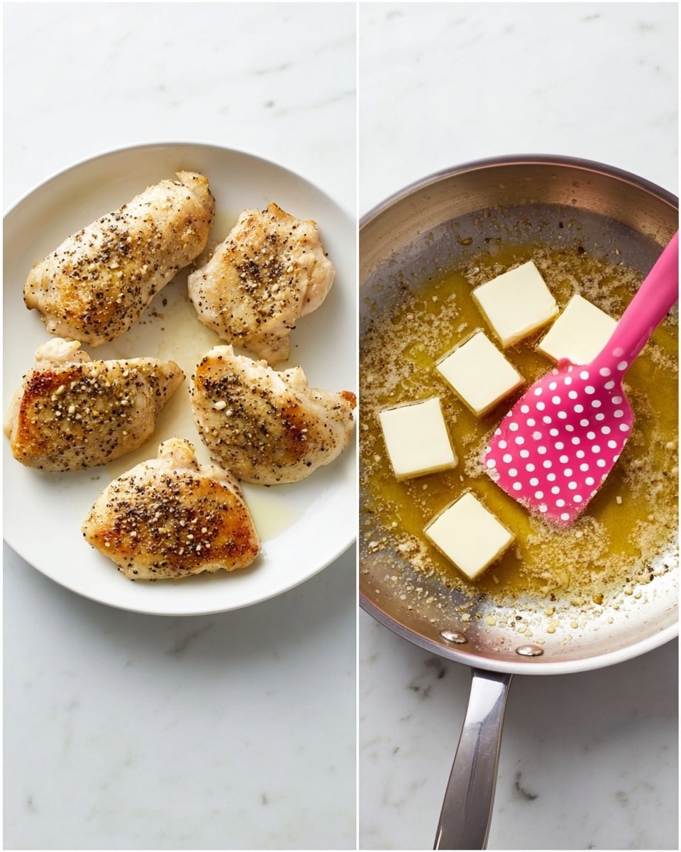 On the left, there is a white round plate holding four cooked chicken pieces arranged around the center, each piece seasoned with black pepper and showing golden brown spots with a slightly textured surface. On the right, a stainless steel pan contains three small white cubes of butter melting in a golden liquid with scattered grains, while a pink spatula with large white polka dots rests inside the pan. Both images rest on a white marbled surface. Photo taken with an iphone --ar 4:5 --v 7