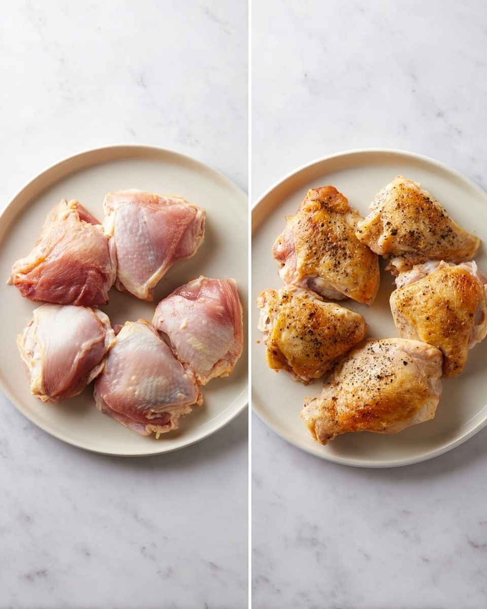 The left side shows a round white plate with five raw chicken pieces, pink and moist with some white fat visible on the edges. On the right side, the same number of chicken pieces are cooked on a similar round white plate, showing a golden brown and slightly crispy skin with a sprinkle of black pepper on top. Both plates rest on a white marbled surface. photo taken with an iphone --ar 4:5 --v 7