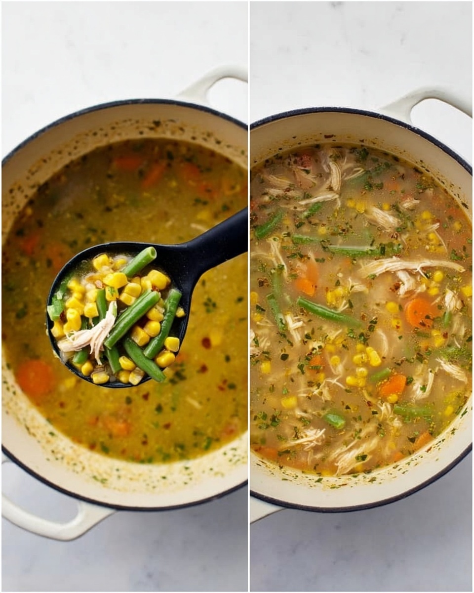 The image shows two views of a large white pot filled with soup on a white marbled surface. The soup has a clear broth with visible small pieces of herbs and spices creating a speckled texture. In the first view, a black ladle lifts a scoop of the soup revealing layers of yellow corn, green beans, and small pale chunks of meat, arranged in the ladle. In the second view, the soup in the pot shows the same ingredients evenly mixed: yellow corn, green beans, orange carrot slices, and shredded pale meat floating in the broth. The scene is bright and clear, highlighting the fresh ingredients. Photo taken with an iphone --ar 4:5 --v 7