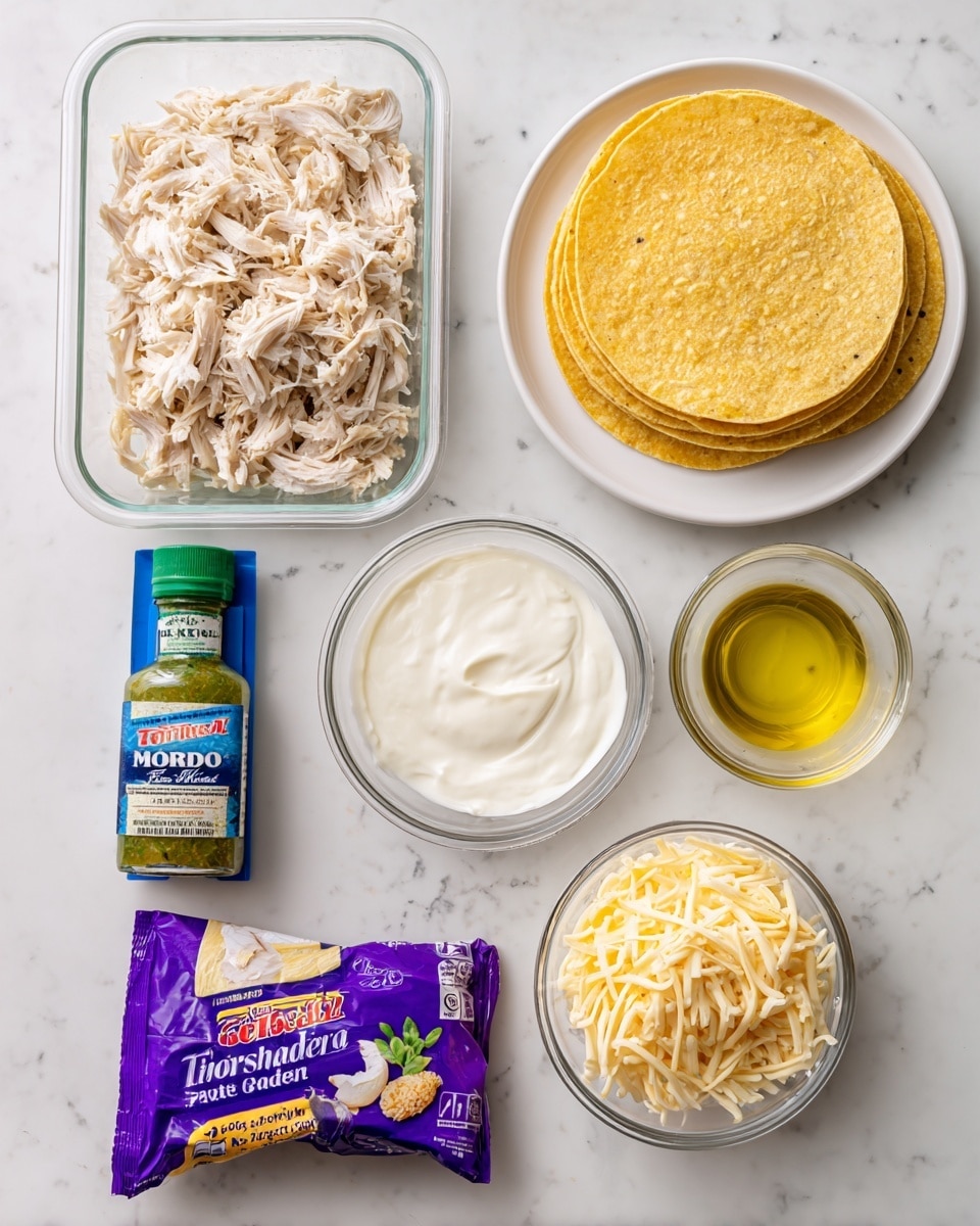 The image shows a top-down view of various cooking ingredients arranged neatly on a white marbled surface. On the top left is a clear rectangular container filled with shredded chicken, showing pale beige strands with a soft texture. To the right, there is a white plate stacked with a neat pile of yellow corn tortillas, each showing a slightly patterned surface. Below the chicken container is a small clear glass bowl filled with smooth and creamy white sour cream. Next to it is a small colorful blue box of toothpicks. Below the tortillas is a vibrant purple plastic package of shredded Monterey Jack cheese with mix of pale yellow and white colors visible through the packaging. Towards the bottom right center, a small clear bowl contains light yellow vegetable oil, which is smooth and reflective. To the left of the oil is a glass bottle with green hot sauce labeled as Verde Hot Sauce, the bottle is transparent showing the sauce inside. The items are spaced evenly on the white marbled surface, providing a clean and organized look photo taken with an iphone --ar 4:5 --v 7