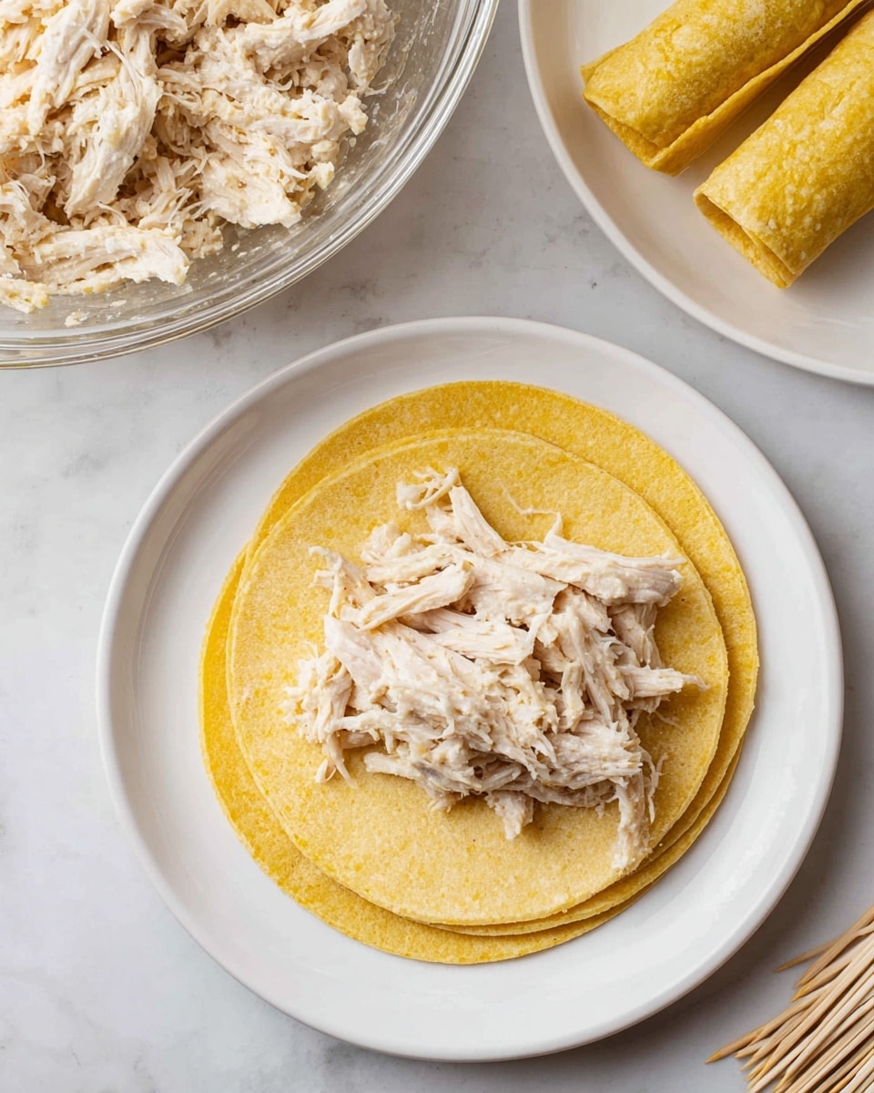 The image shows a white plate with three yellow corn tortillas stacked. On top of the tortillas is a small pile of shredded chicken mixed with a creamy sauce. To the top left of the plate, there is a large clear glass bowl filled with more shredded chicken mixed with the sauce. At the top right edge of the image, part of a white plate holds two rolled, stuffed tortillas, golden yellow in color. The background is a white marbled surface with a small stack of toothpicks near the glass bowl. photo taken with an iphone --ar 4:5 --v 7