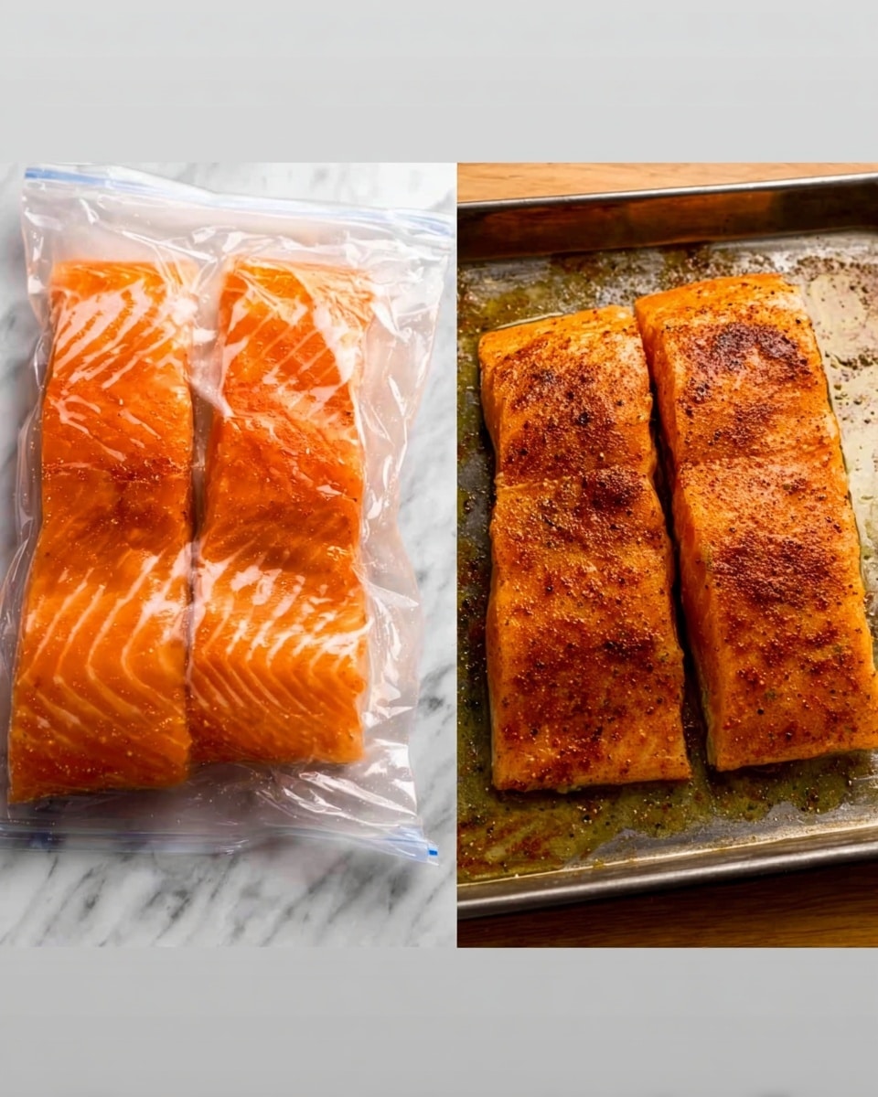 The first image shows two pieces of raw salmon fillets sealed in clear plastic bags, lying flat on a white marbled surface, displaying a bright orange color with subtle white lines. The second image shows the same two salmon fillets now cooked and placed side by side on a metal baking tray with some oil and seasoning visible, the salmon pieces have a warm, cooked orange color with brownish seasoning spots on top and a slightly flaky texture. photo taken with an iphone --ar 4:5 --v 7