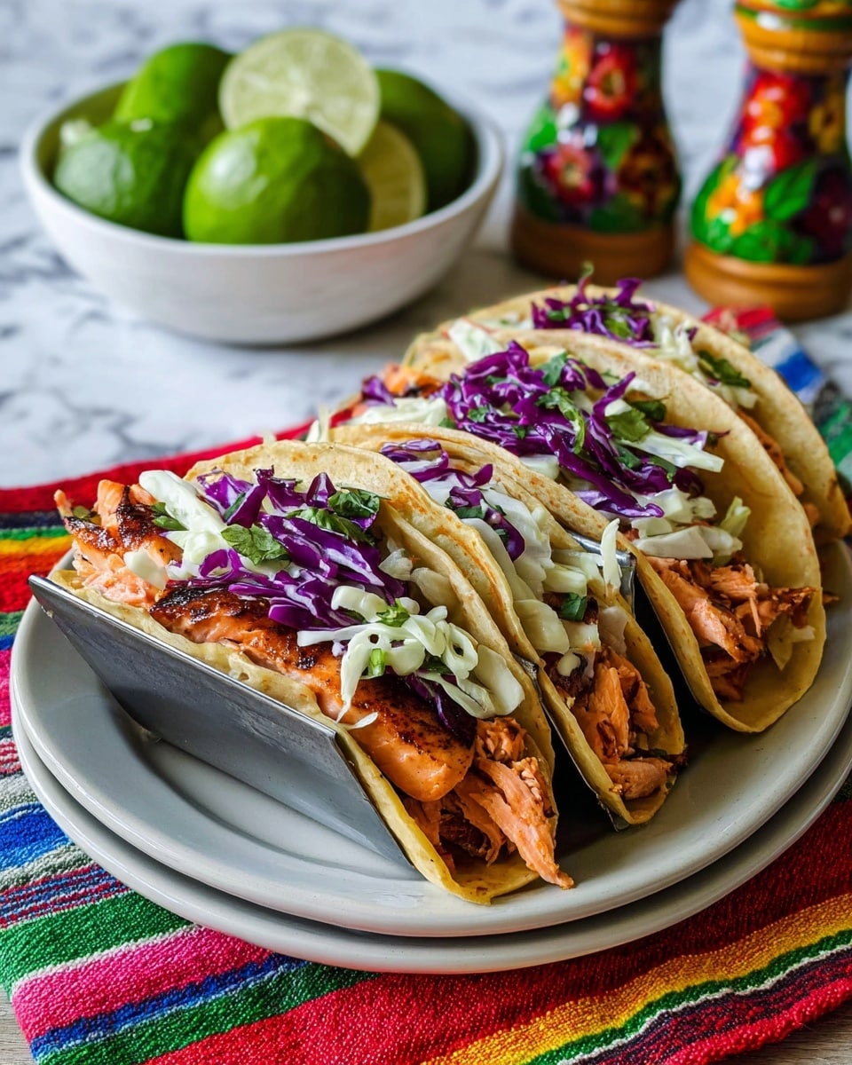 Three tacos are placed side by side in a metal taco holder on a white plate. Each taco has a soft, light brown corn tortilla shell, filled with grilled salmon pieces showing an orange-pink color with charred marks. On top of the salmon, there is a generous layer of shredded purple cabbage and light, thin strips of white cabbage mixed with small green herbs for fresh contrast. In the background, there is a white ceramic bowl filled with sliced green limes, and two colorful, patterned salt and pepper shakers stand beside it. The scene is set on a white marbled surface with a brightly striped cloth with red, yellow, green, and blue stripes underneath the plate. The photo taken with an iphone --ar 4:5 --v 7