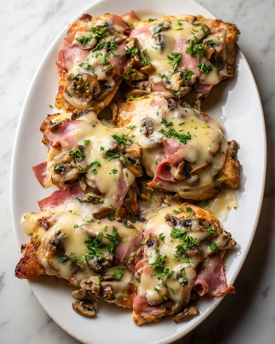 The image shows four pieces of cooked chicken topped with thin slices of pink ham, melted light yellow cheese, and browned pieces of mushrooms, all sprinkled with fresh green herbs. The chicken has a light brown, slightly crispy texture underneath the toppings. They are arranged closely on a white oval plate, which is placed on a surface with a white marbled texture. The cheese looks soft and creamy, covering most of the toppings and edges of the chicken. photo taken with an iphone --ar 4:5 --v 7
