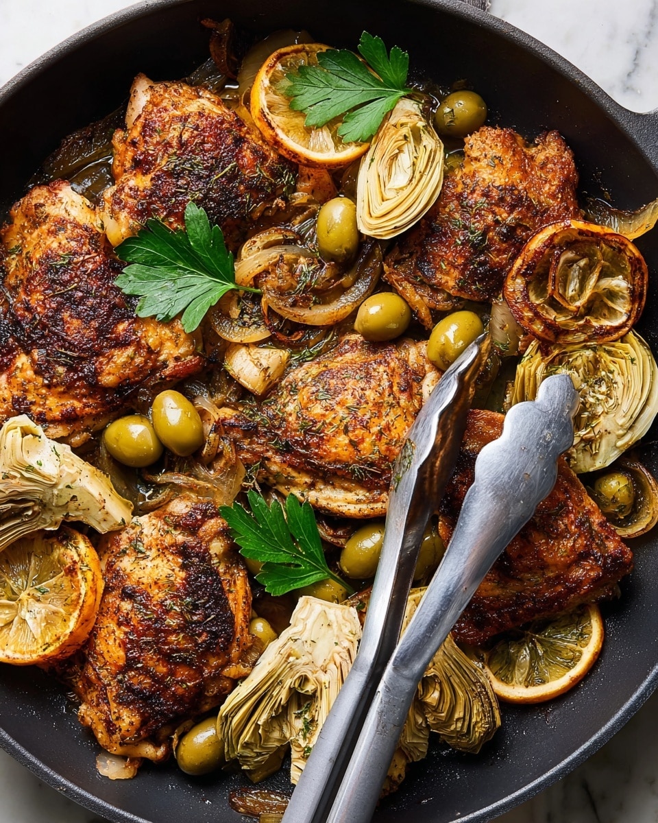 The image shows a black pan filled with several golden brown chicken pieces, each with a crispy, seasoned skin. Scattered around the chicken are layers of lightly charred lemon slices, caramelized onion wedges, and artichoke hearts with a soft, textured surface speckled with herbs. Green and black olives are spread through the pan, adding small pops of color. A pair of silver tongs with black grips rests diagonally across the pan. A few bright green parsley leaves are placed on top of some chicken pieces for garnish. The pan sits on a white marbled surface. Photo taken with an iphone --ar 4:5 --v 7