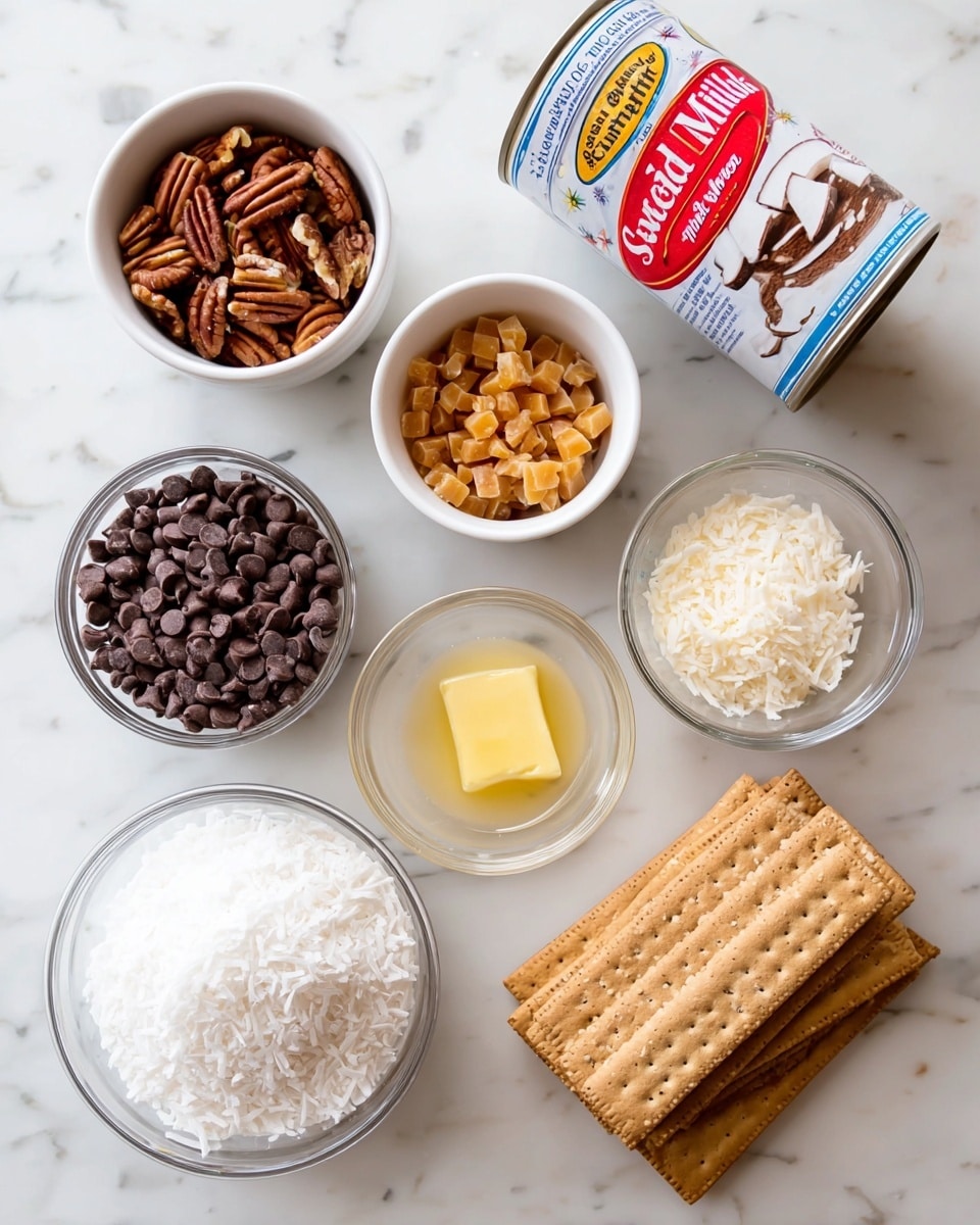 The image shows seven ingredients arranged on a white marbled surface. On the top left, there is a white bowl filled with chopped pecans, next to it a can of sweetened condensed milk with red and white labeling leaning slightly to the right. To the right of the can, a small white bowl holds butterscotch chips, and below it, a clear glass bowl contains melted butter, pale yellow and slightly bubbly. Below the pecans, a clear bowl holds dark chocolate chips. Directly below the chocolate chips, another clear bowl is filled with shredded white coconut. Finally, in the center bottom of the image, there are six rectangular graham crackers with a light brown color arranged closely in a slight fan shape. photo taken with an iphone --ar 4:5 --v 7