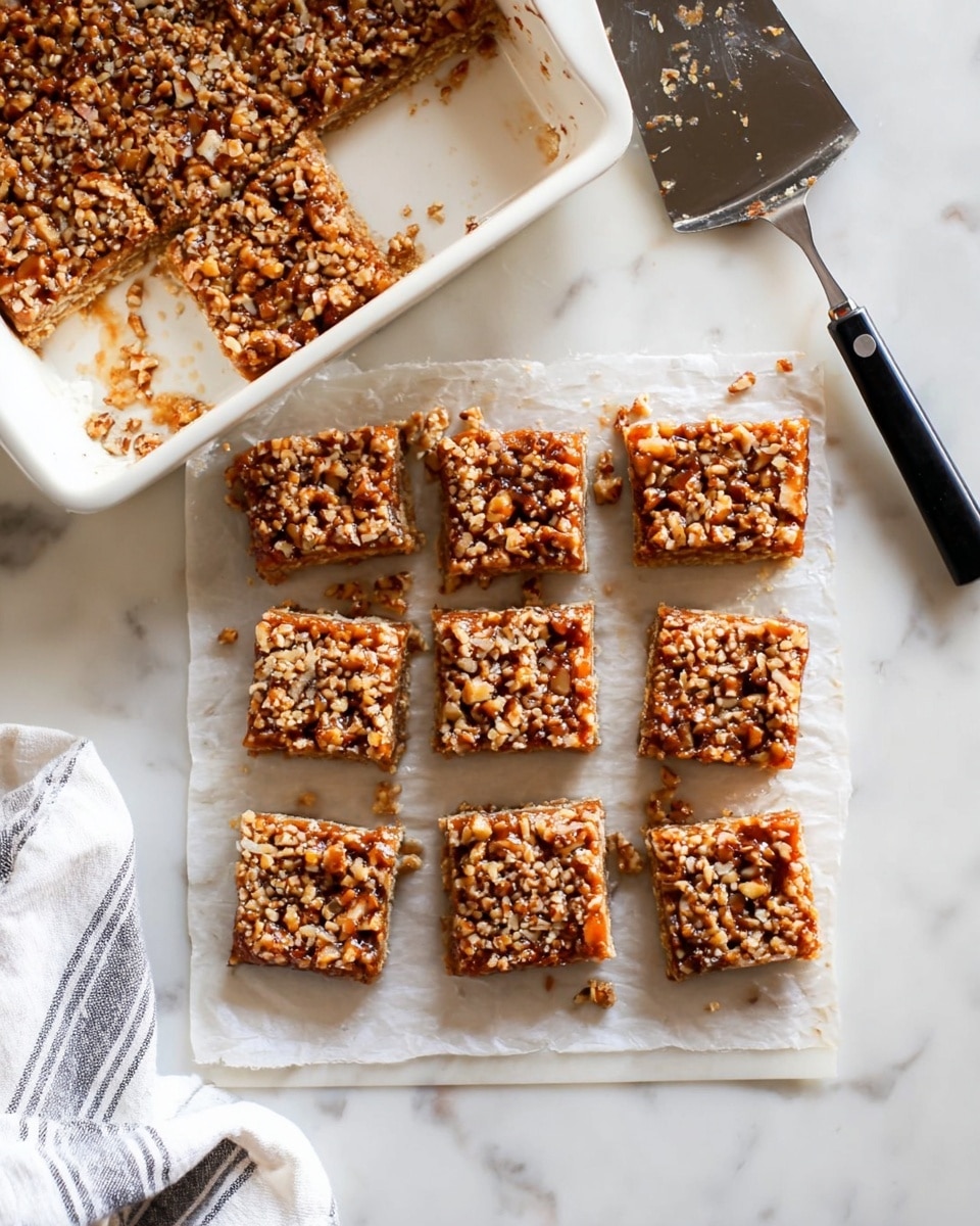 The image shows nine square nut bars arranged on white parchment paper placed on a white marbled surface. Each bar has three distinct layers: the base layer is light tan and slightly crumbly, the middle layer appears sticky and caramel-like with bits of nuts visible, and the top layer is covered with chopped nuts in different brown shades, creating a rough texture. In the upper part of the image, a white baking pan with three more nut bars and some crumbs is partially visible. A metal spatula with a black handle rests on the parchment paper near the bars. A white cloth with gray stripes is partially visible in the lower left corner. The lighting is bright and natural, highlighting the textures and details of the bars. Photo taken with an iphone --ar 4:5 --v 7