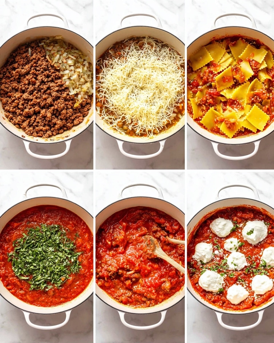 A white pot with cooked brown ground meat in the first frame. The second frame adds light beige cooked onions and green herbs to the meat layer. The third frame shows bright red diced tomatoes and rich red tomato sauce added on top. The fourth frame shows the sauce and meat cooked together, forming a thick red textured sauce. The fifth frame adds flat, yellow lasagna pasta sheets on top of the sauce, arranged loosely. The sixth frame adds fresh green basil leaves scattered over the pasta. The seventh frame adds round white dollops of ricotta cheese spaced on top of the pasta and basil. The final frame covers everything with a thick layer of shredded white and light yellow cheese. The pot sits on a white marbled surface. Photo taken with an iphone --ar 4:5 --v 7